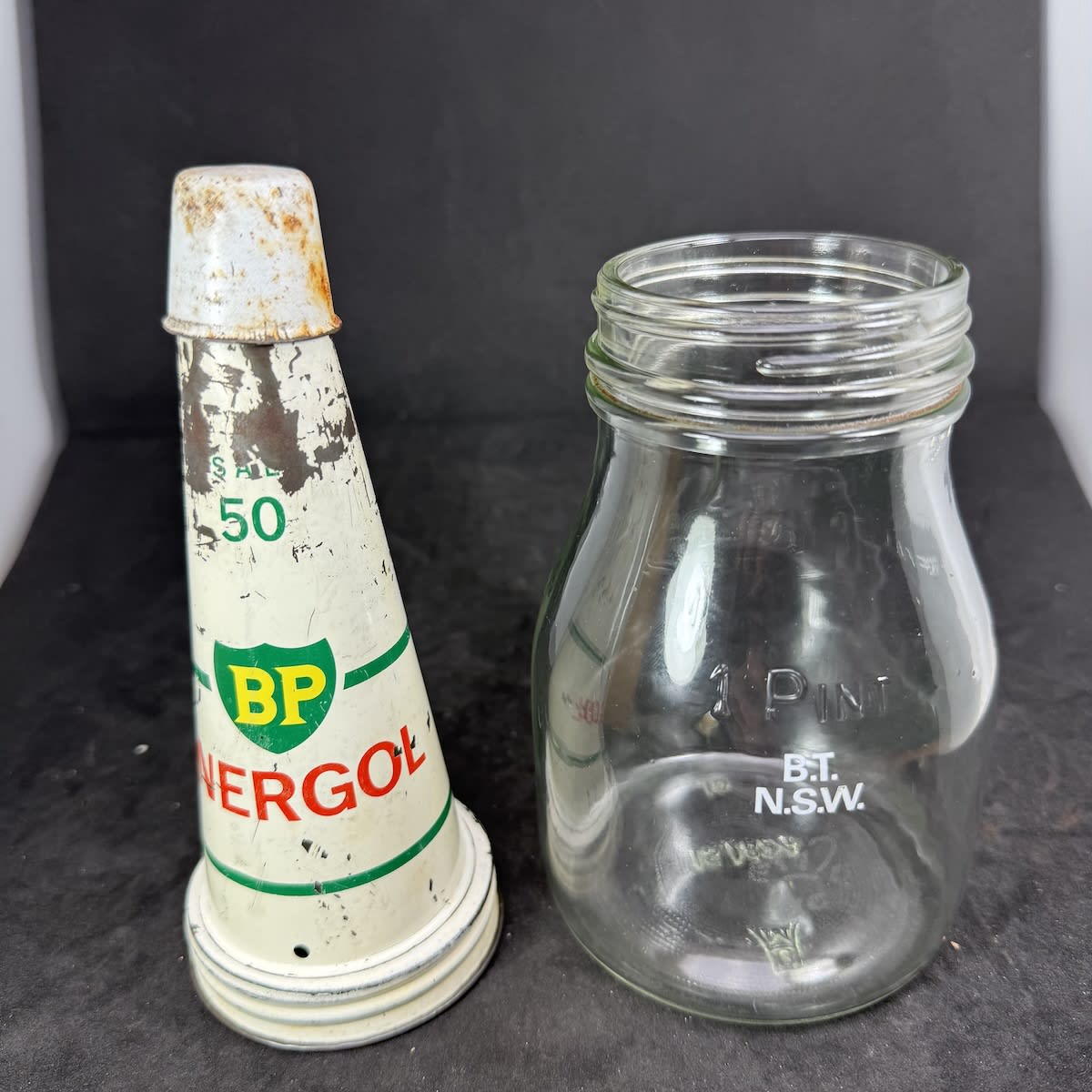 Pint Oil Bottle with Tin Top Pourer. BP Energol. SAE 50. Generic Pint bottle with Ceramic Lable B. T. N. S. W.