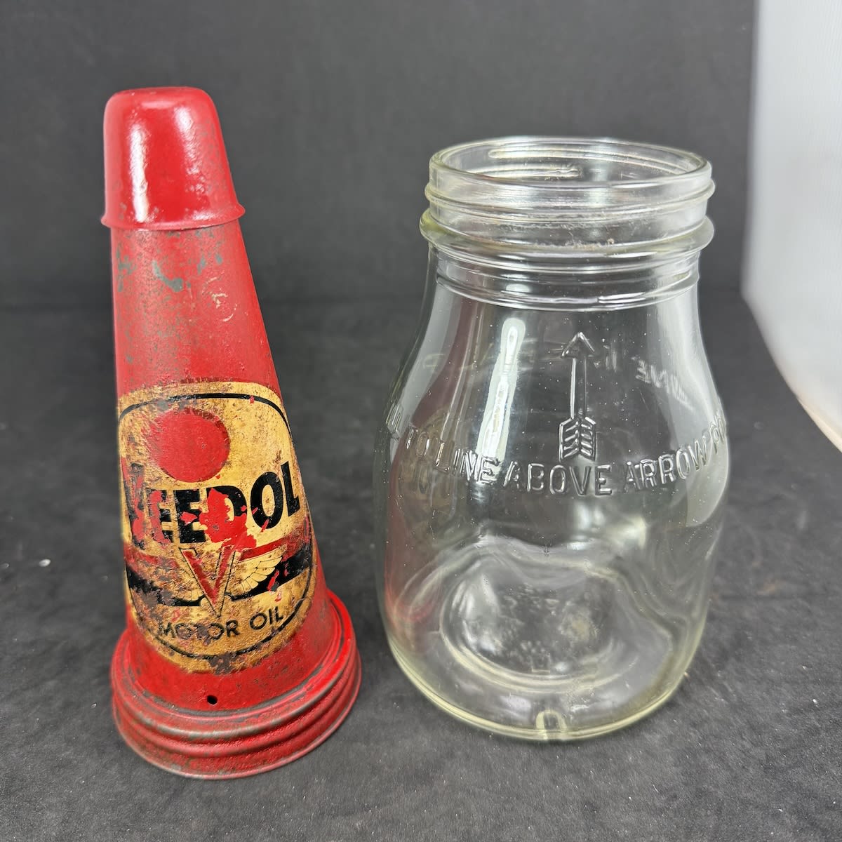 Pint Oil Bottle with Tin Top Pourer. Veedol Motor Oil. Winged V. Generic Pint Bottle.
