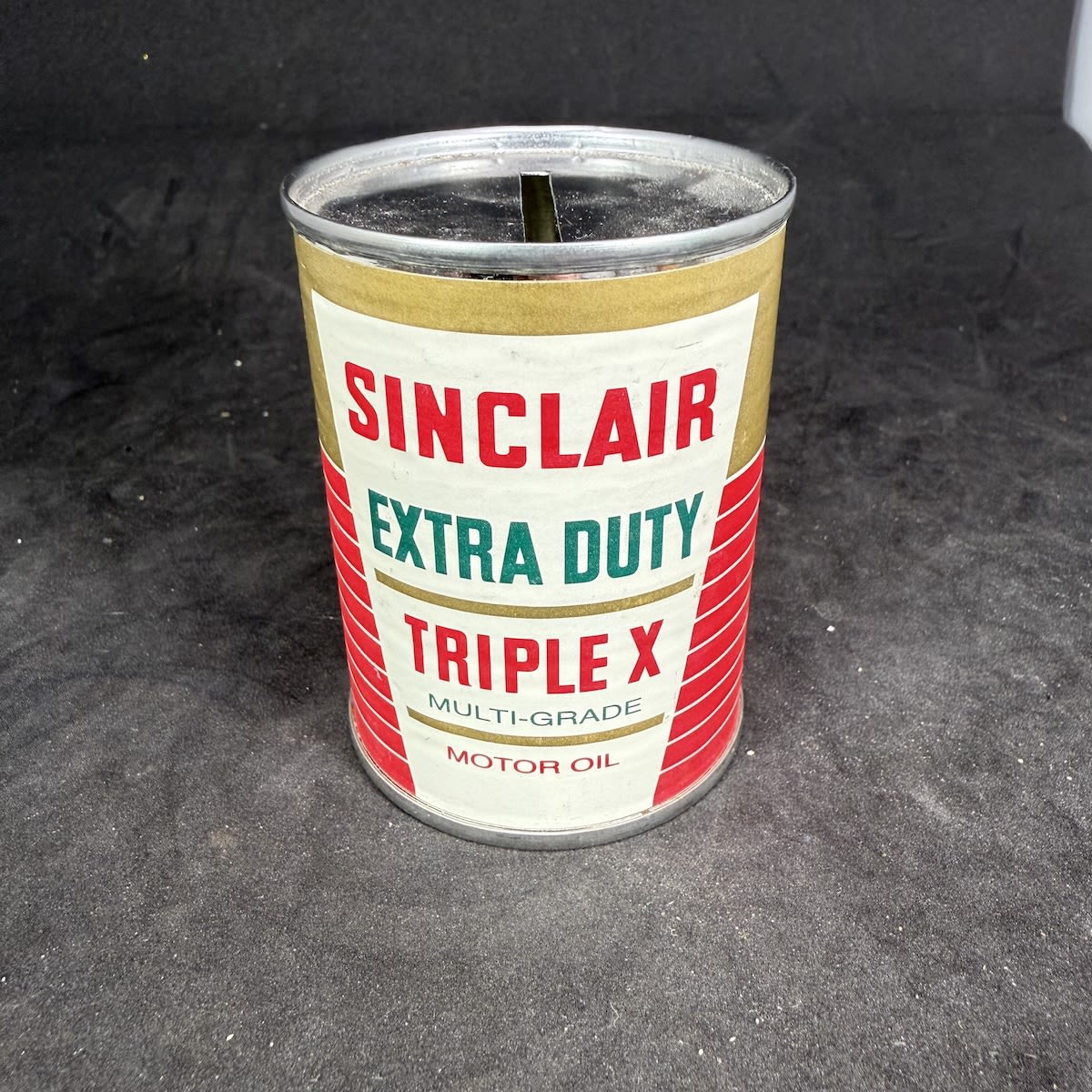 Money Box. Small tin with label for Sinclair Extra Duty Triple X Multi-grade Motor Oil. Sinclair Refining Company New York