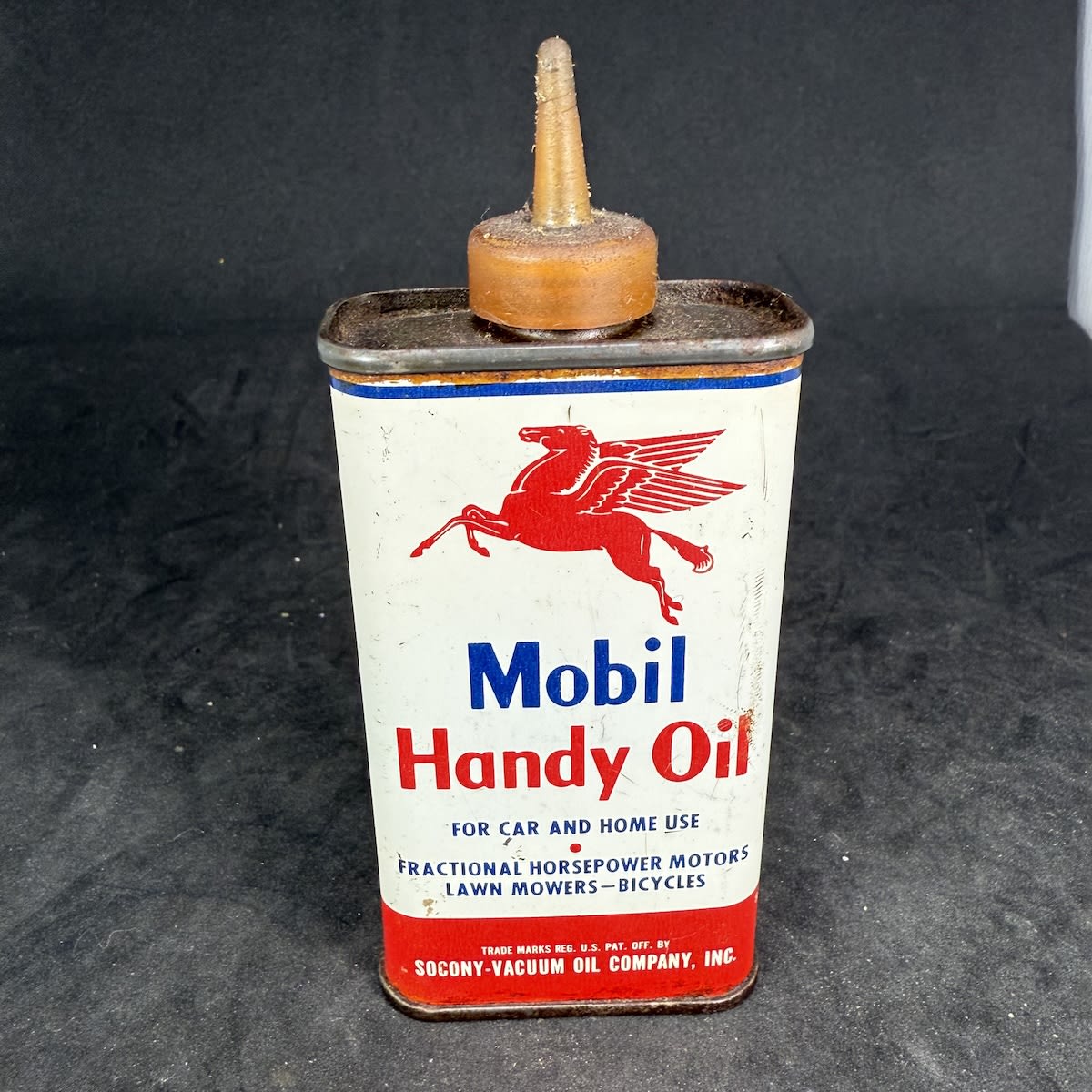 Household Oiler. Oil Tin. Mobil Handy Oil. Pegasus facing left. Socony-Vacuum Oil Company. New York.