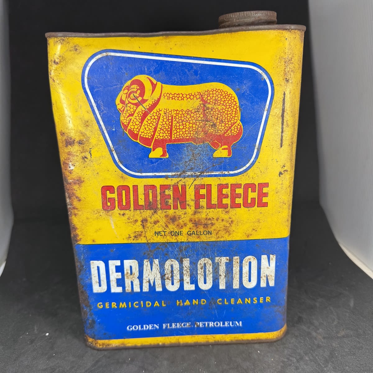 Oil Tin. Golden Fleece Dermolotion. Germicidal Hand Cleanser. Golden Fleece Petroleum. One Gallon.
