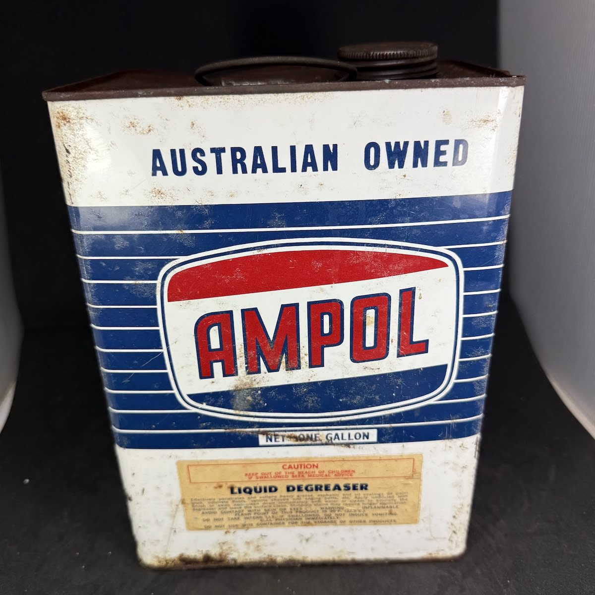 Oil Tin. Ampol One Gallon. Australian Owned. Liquid Degreaser on applied labels.