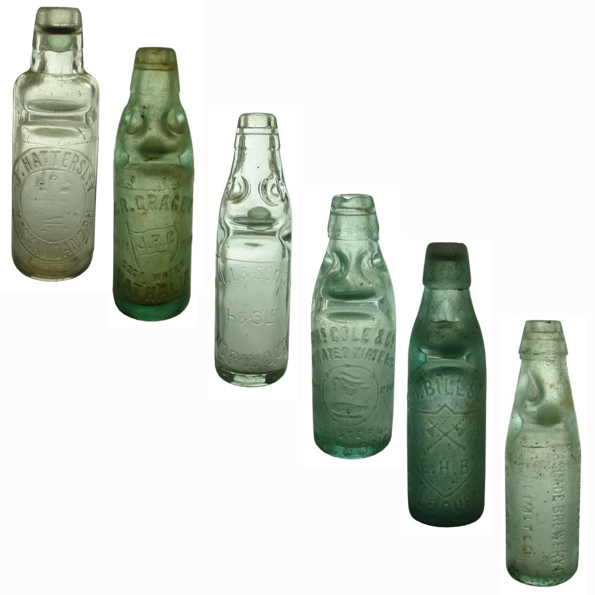 6 Small Codds. J. Hattersley, Yackandandah; J. R. Gracey, Nathalia; Hall & Sons Ltd Norwood; Chas Cole & Co Geelong; G. H. Billson. Melbourne; Cascade Brewery Co Ltd Hobart.