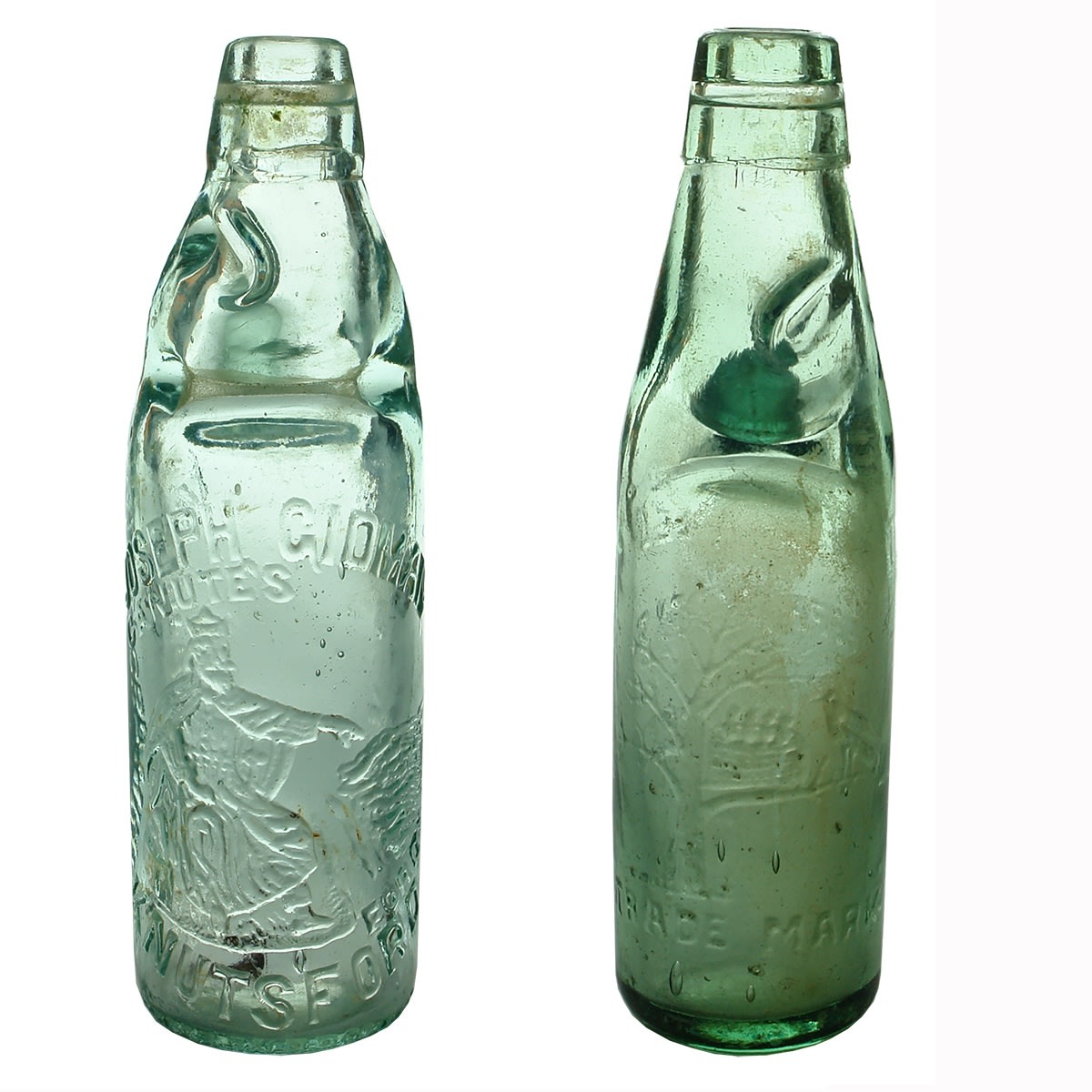 2 Pictorial UK Codds: Joseph Gidman, Knutsford. King Canute; Leppingwell's Bradford, Tree, Bird & Nest.