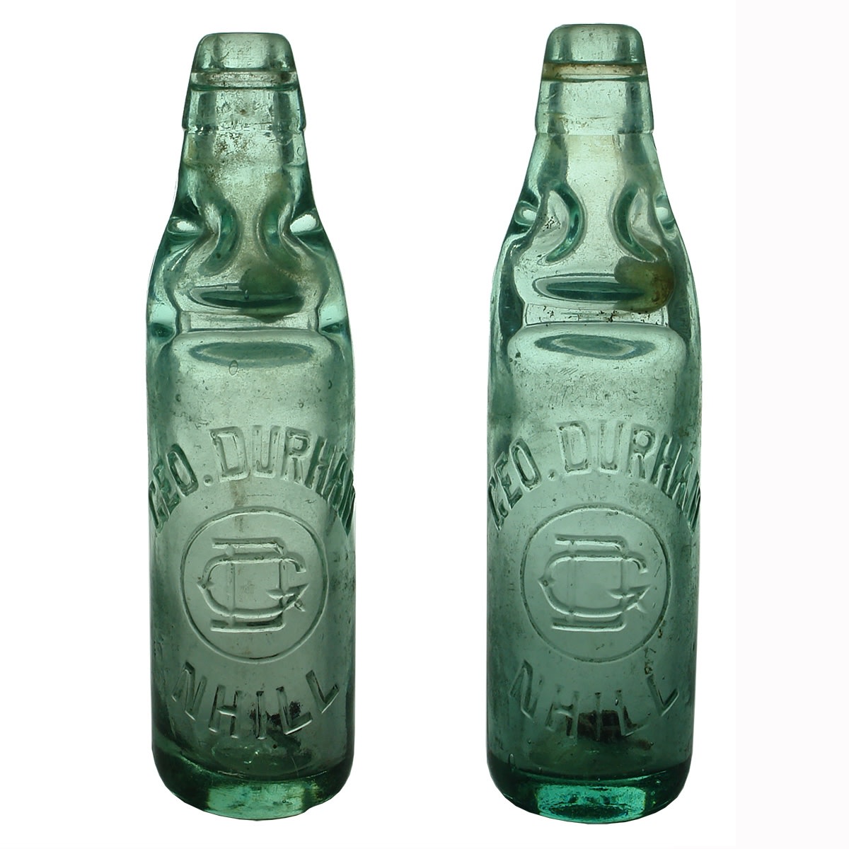 2 Codds; Both Geo. Durham, Nhill. GD Monogram. Applied top & Spun top. Aqua. 10 oz. (Victoria)