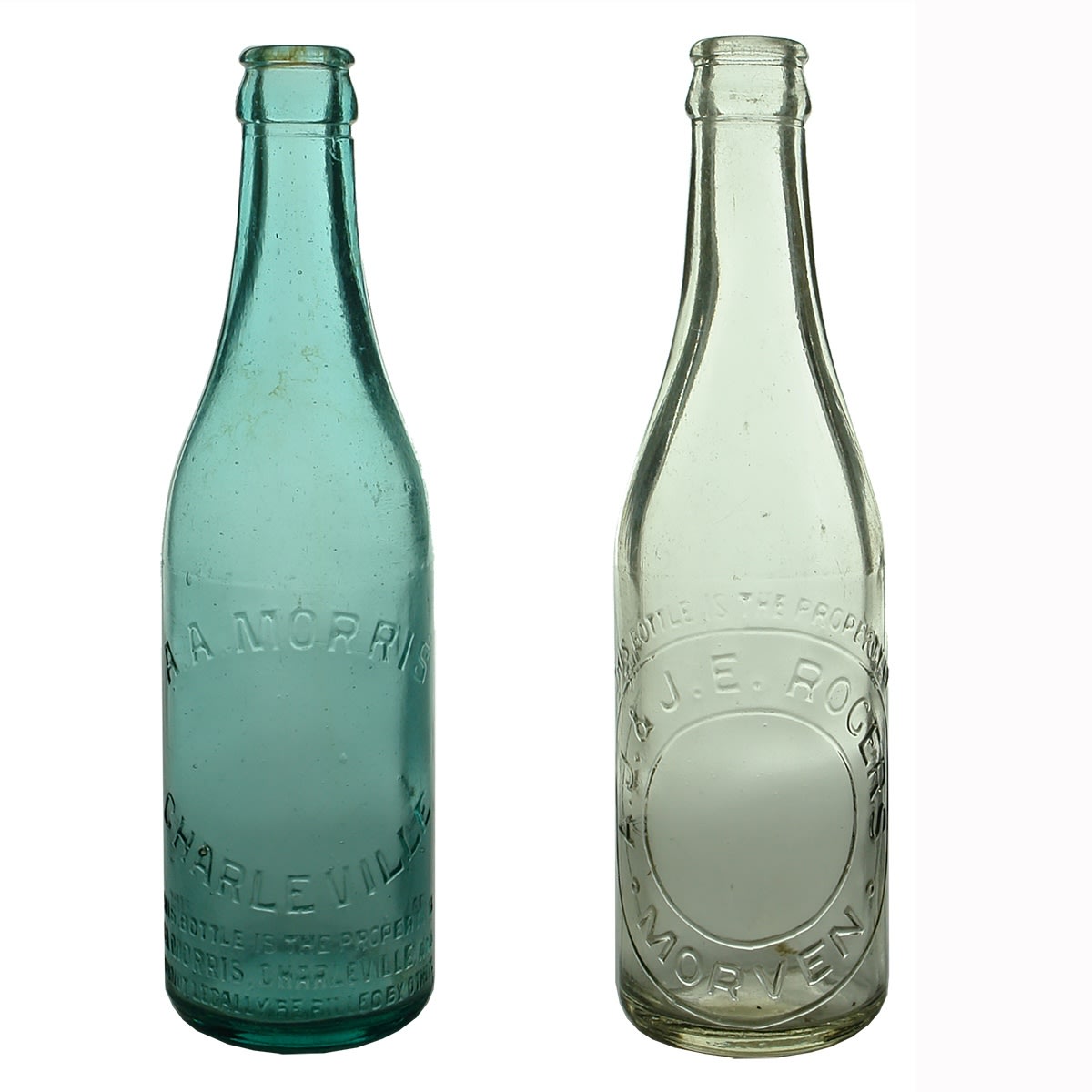 2 Crown Seals. A. A. Morris, Charleville. Blue Aqua. 10 oz; A. J. & J. E. Rogers, Morven. Pale Aqua. 10 oz. (Queensland)