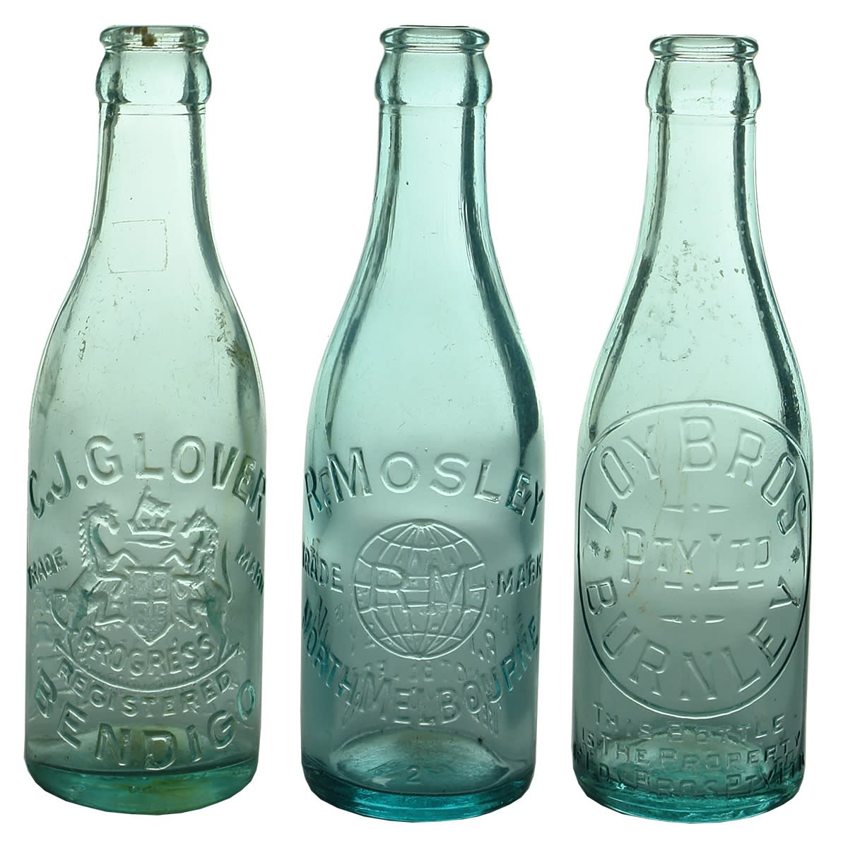3 small Crown Seals: C. J. Glover, Bendigo; R. Mosley, North Melbourne and Loy Bros., Burnley. (Victoria)