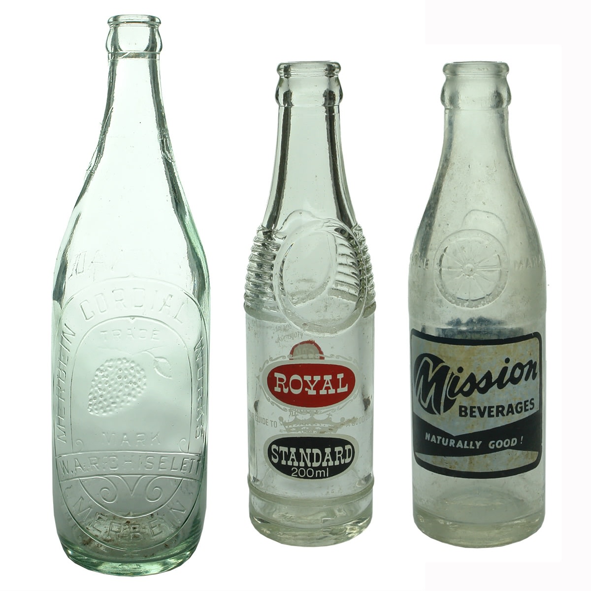 3 Crown Seals. Merbein Cordial Works. Grape Bunch. Lemonade. Aqua. 26 oz; Royal Standard BCX Golden Square Bendigo; Mission Beverages on Marchants bottle. 200 ml. (Victoria & South Australia)
