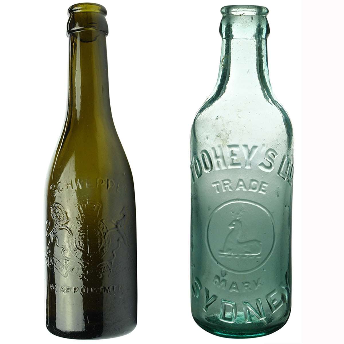 2 Crown Seals. Schweppes, Coat of Arms. Dark green. 6 oz. Toohey's Ltd, Sydney. Spun top. Vance & Ross. Aqua. 6 oz. (New South Wales)