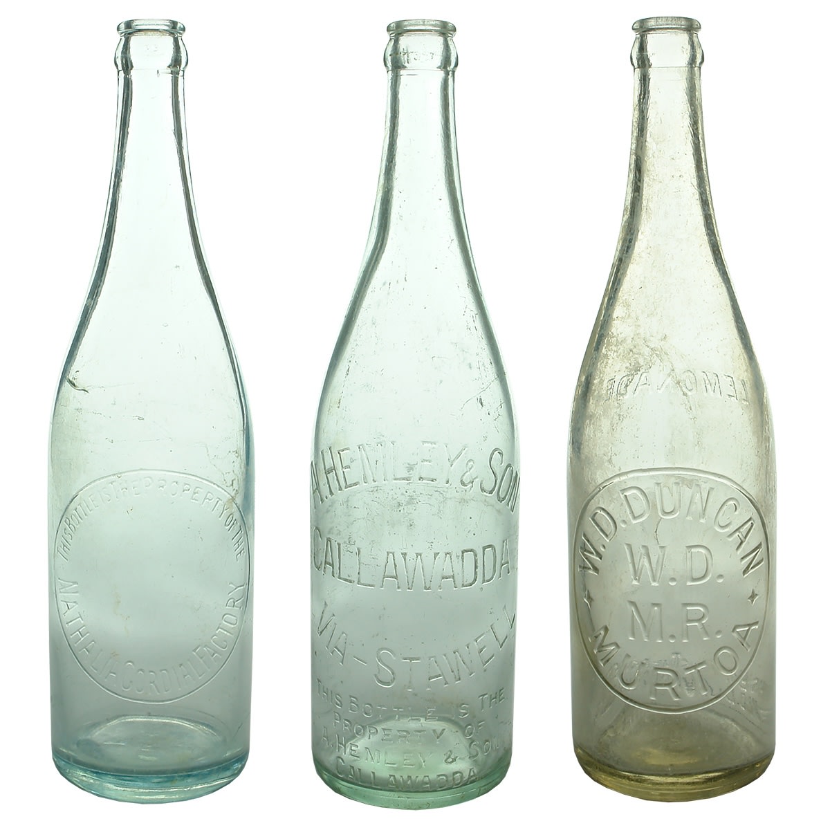 3 Large Crown Seals: Nathalia Cordial Factory; A. Hemley & Son, Callawadda via Stawell; W. D. Duncan, Murtoa. (Victoria)