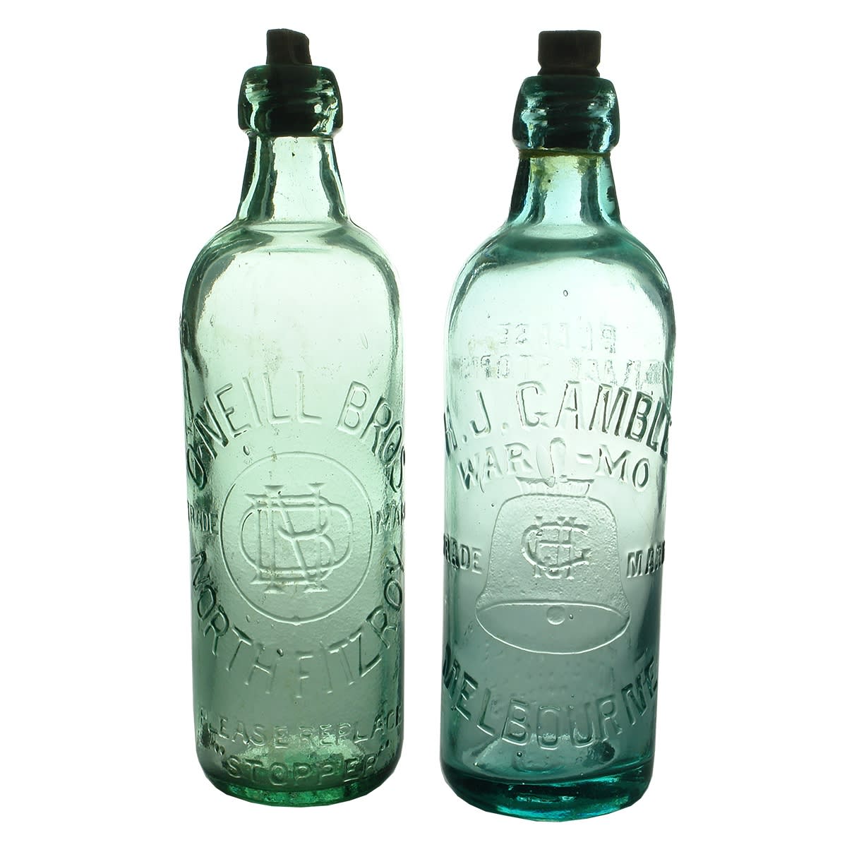 Internal Threads: 1. O'Neill Bros., North Fitzroy. Aqua. 26 oz. 2. H. J. Gamble, Melbourne. War-Mo. Aqua. 26 oz. (Victoria)