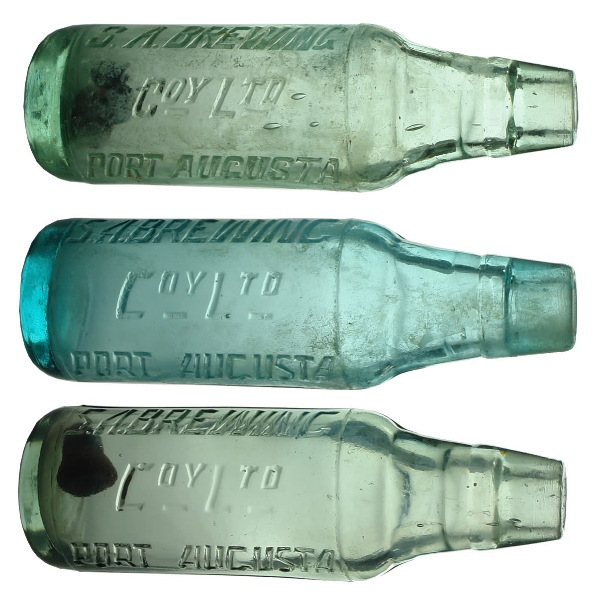 3 Lamonts: All variations of S. A. Brewing Coy Ltd Port Augusta. M and two A base marks. 6 oz. (South Australia)