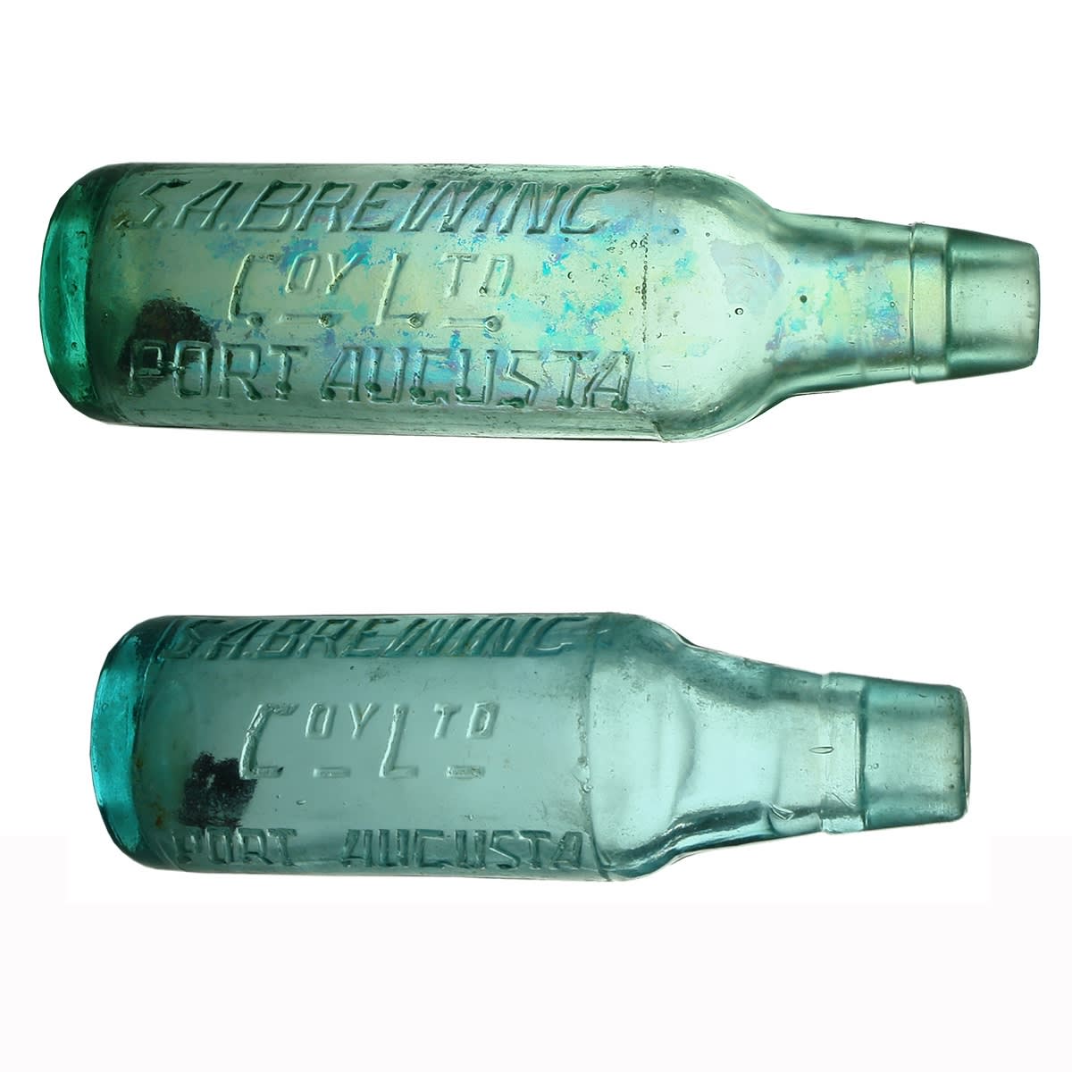2 Lamonts: Large & Small S. A. Brewing Coy Ltd Port Augusta. Spun tops. Aqua & Blue Aqua. 10 & 6 oz. (South Australia)