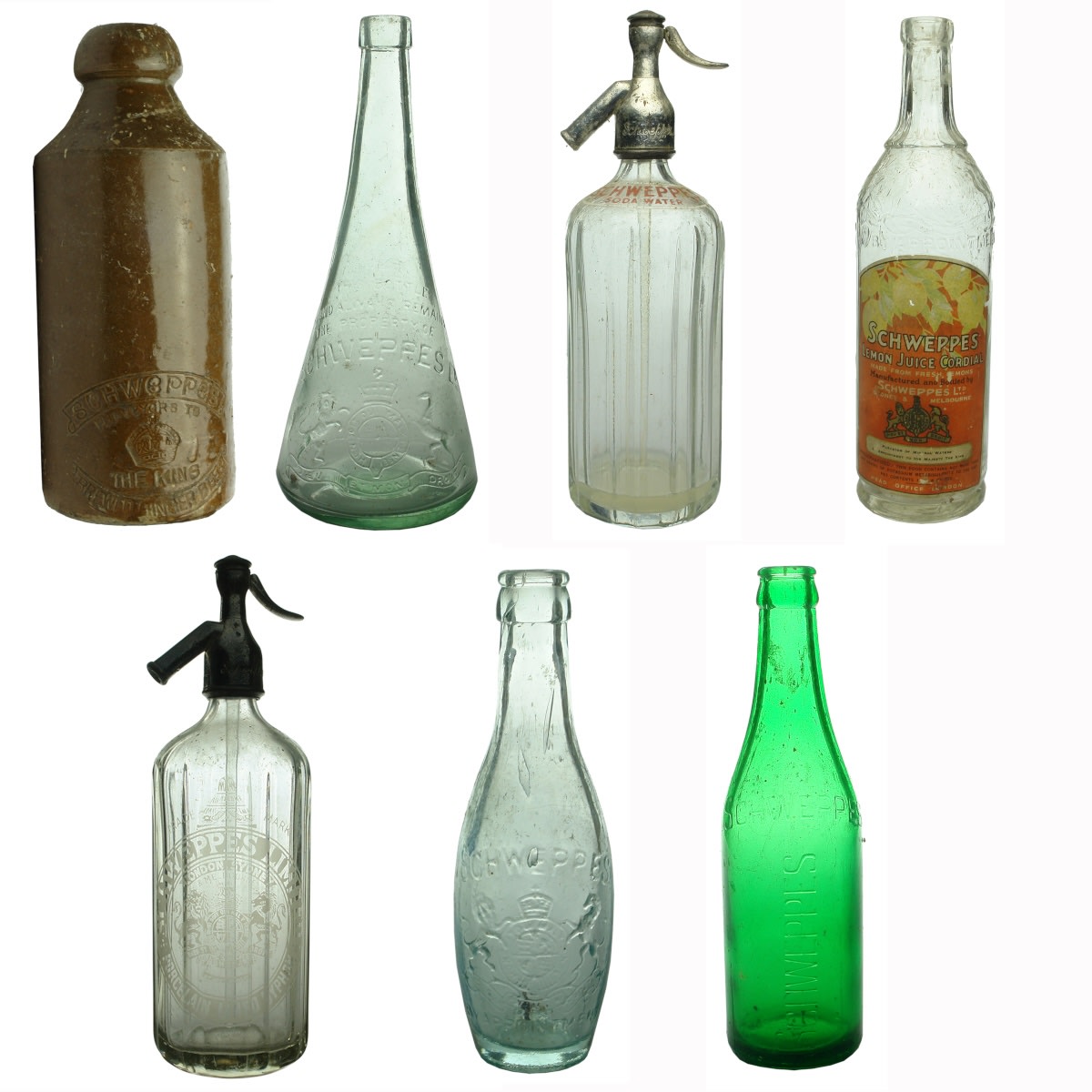 7 Schweppes Bottles: Ginger Beer; Cordial x 2; Soda Syphon x 2; Crown Seal Skittle; Crown Seal.