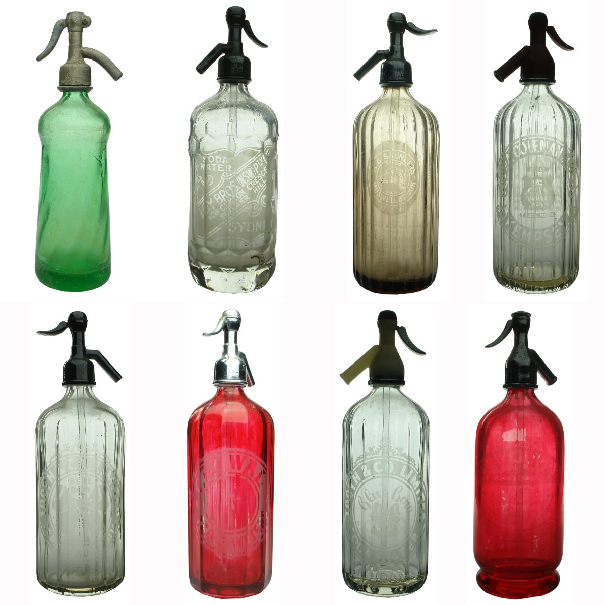 8 Soda Syphons. Plain Green tapered; Loy Bros; Saunders, Muswellbrook; Coleman, Kempsey; Tooth & Co Blue Bow Sydney x 2; Camwal; Guppy Guernsey.