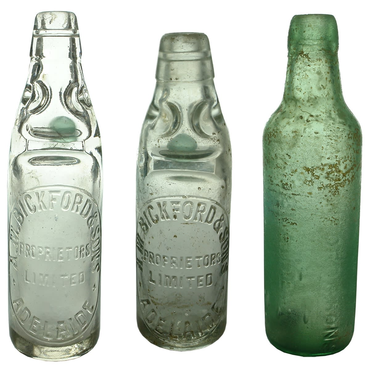 3 Bottles. 2 Codds: A. M. Bickford & Sons Proprietary Limited Adelaide. 10 & 6 oz Clear glass. Lamont: A. M. Bickford & Sons, Adelaide. Aqua. 10 oz. (South Australia)