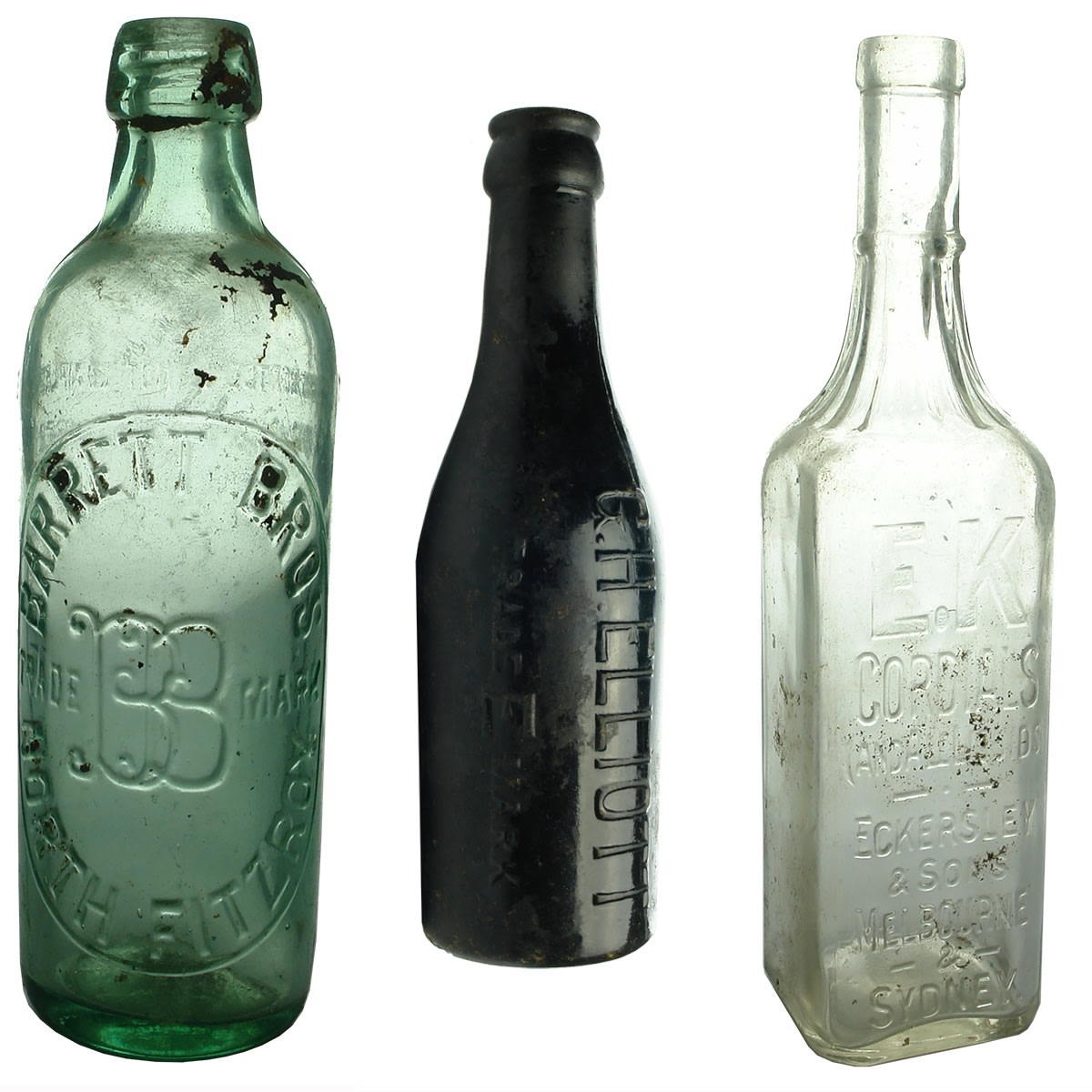 3 Bottles: Barrett Bros North Fitzroy Internal Thread; G. H. Elliott Crown Seal; EK Cordials.