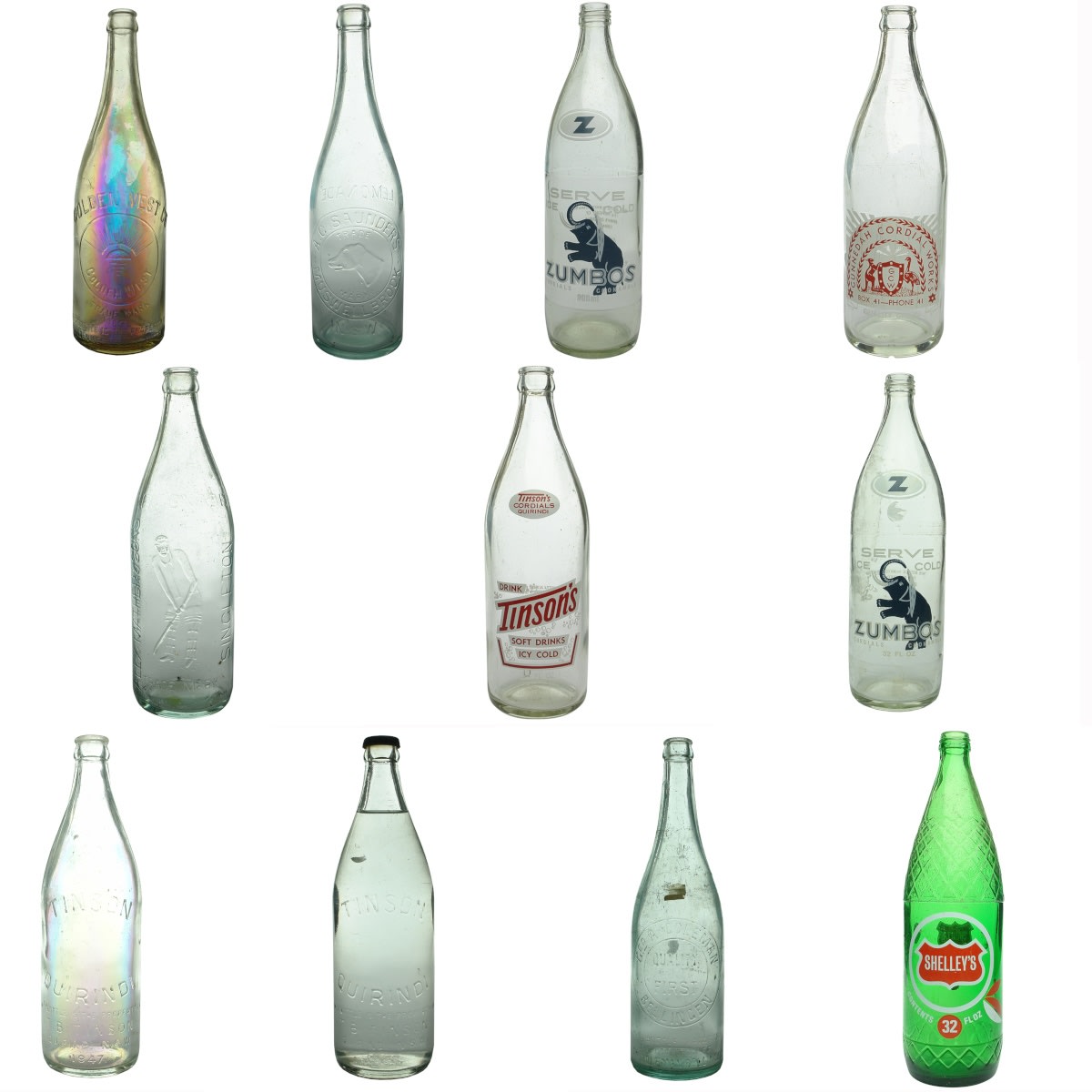 11 Large Aerated Waters: Golden West; Saunders; Zumbos; Gunnedah Cordials; Alex Mather and more.