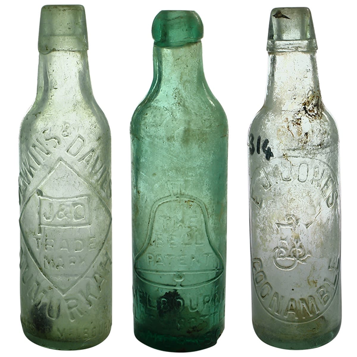 3 Lamonts & Bell patents: Jenkins & Davies, Numurkah; Melbourne Glass Works Bell Patent; E. J. Jones, Coonamble.