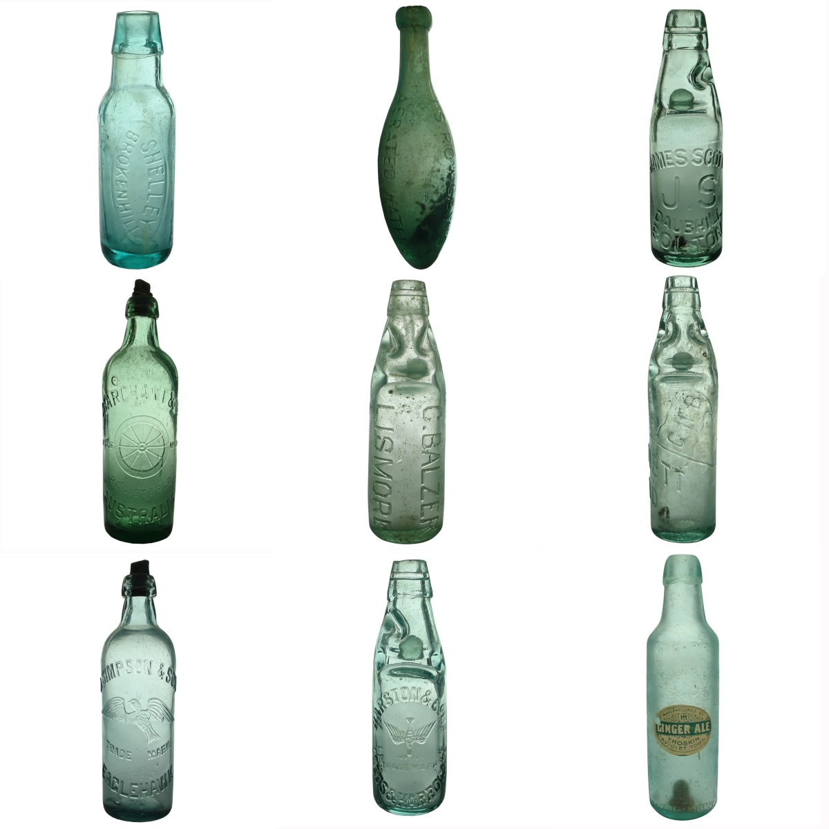 9 Aerated Waters: Shelley, Broken Hill; Rowley, Warrnambool; Scott, Bolton; Marchant, Australia; Balzer, Lismore; Bennett, Richmond; Simpson, Eaglehawk; Harston, Leeds; Hoskin, Violet town;