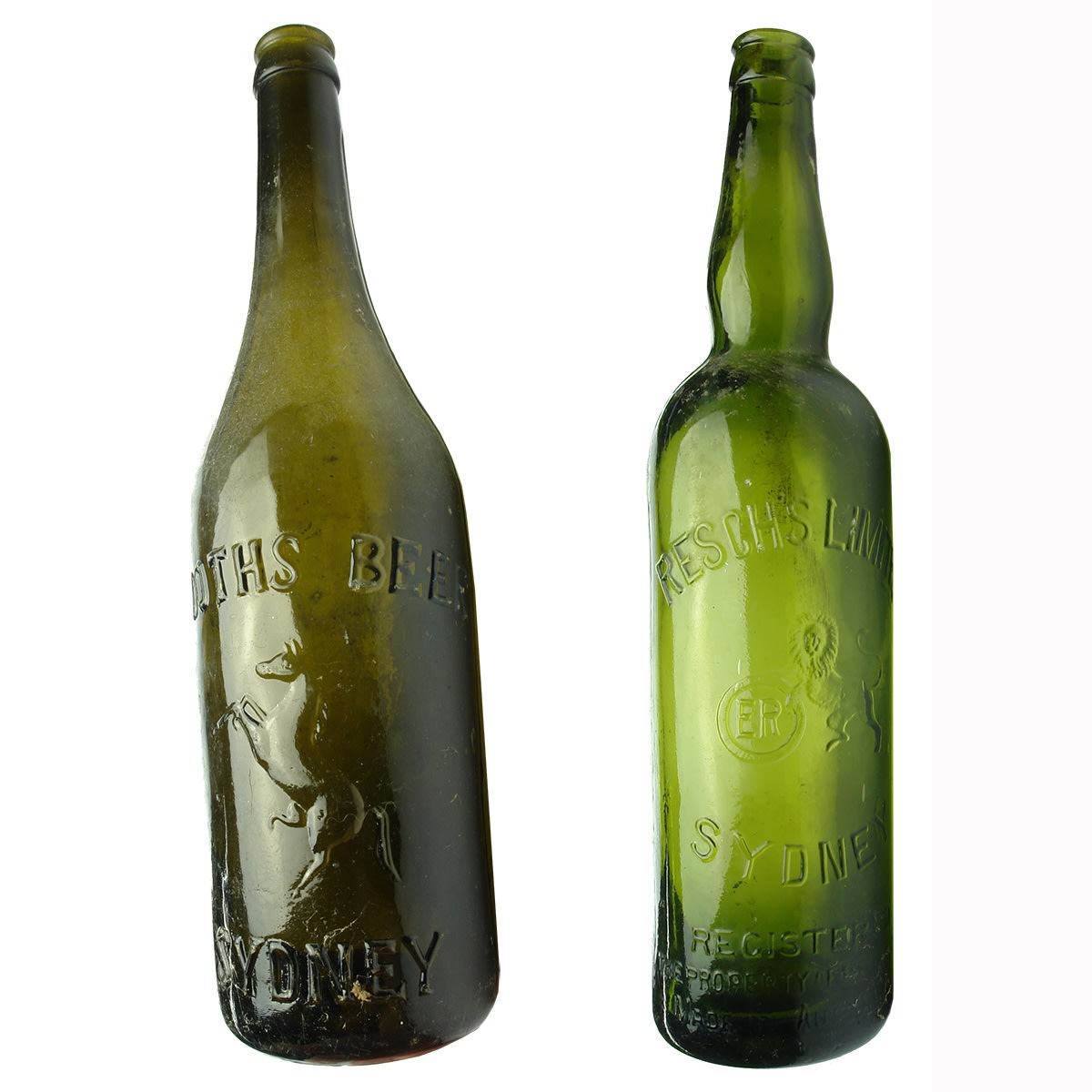 Beer. 1. Tooth's Beer, Sydney. Crown Seal. Green. 26 oz. 2. Resch's Limited, Sydney. Shouldered Crow Seal. Green. 26 oz. (New South Wales)