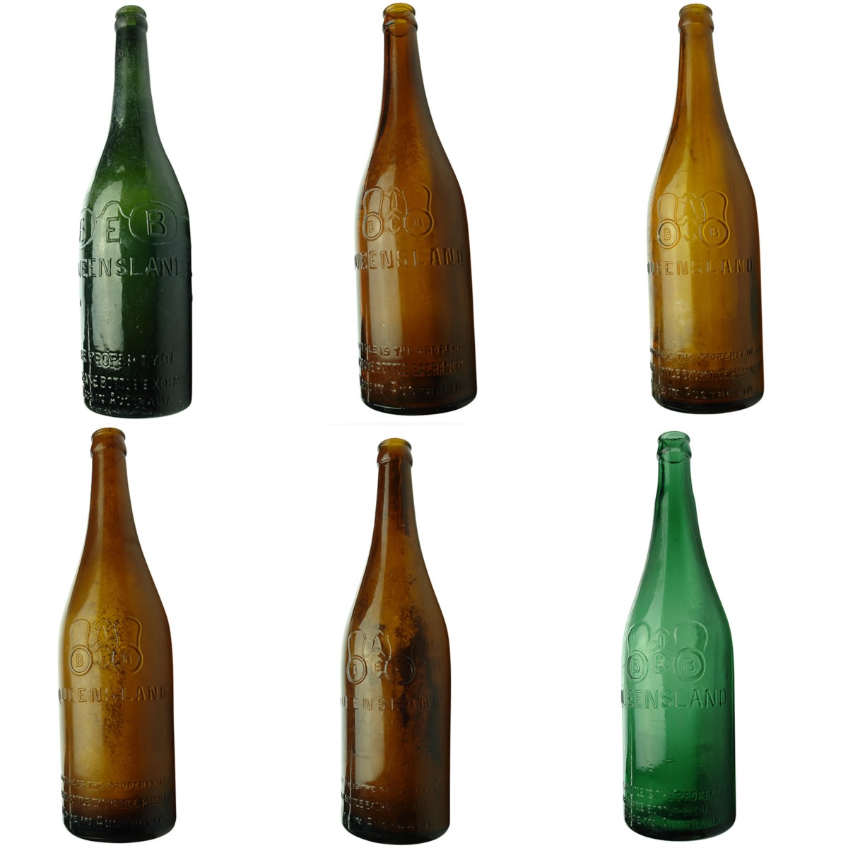 Beers: 1. Brisbane Bottle Exchange. Spectacles on body. Green. 26 oz. 2. Brisbane Bottle Exchange. Binoculars on body. Amber. 26 oz. 3. Brisbane Bottle Exchange. Binoculars on body. Amber. 26 oz. 4. Brisbane Bottle Exchange. Binoculars on body. Amber. 26 oz. 5. Brisbane Bottle Exchange. Binoculars on body. Amber. 26 oz. 6. Brisbane Bottle Exchange. Binoculars on body. Green. 26 oz.  (Queensland)