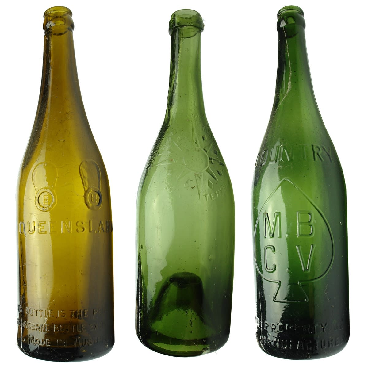 Beers. 1. Brisbane Bottle Exchange, Binoculars. Crown Seal. Amber. 26 oz. 2. Johnson, Liverpool. Ring Seal. Green. 26 oz. 3. M. B. C. V. Country. Crown Seal. Green. 26 oz.