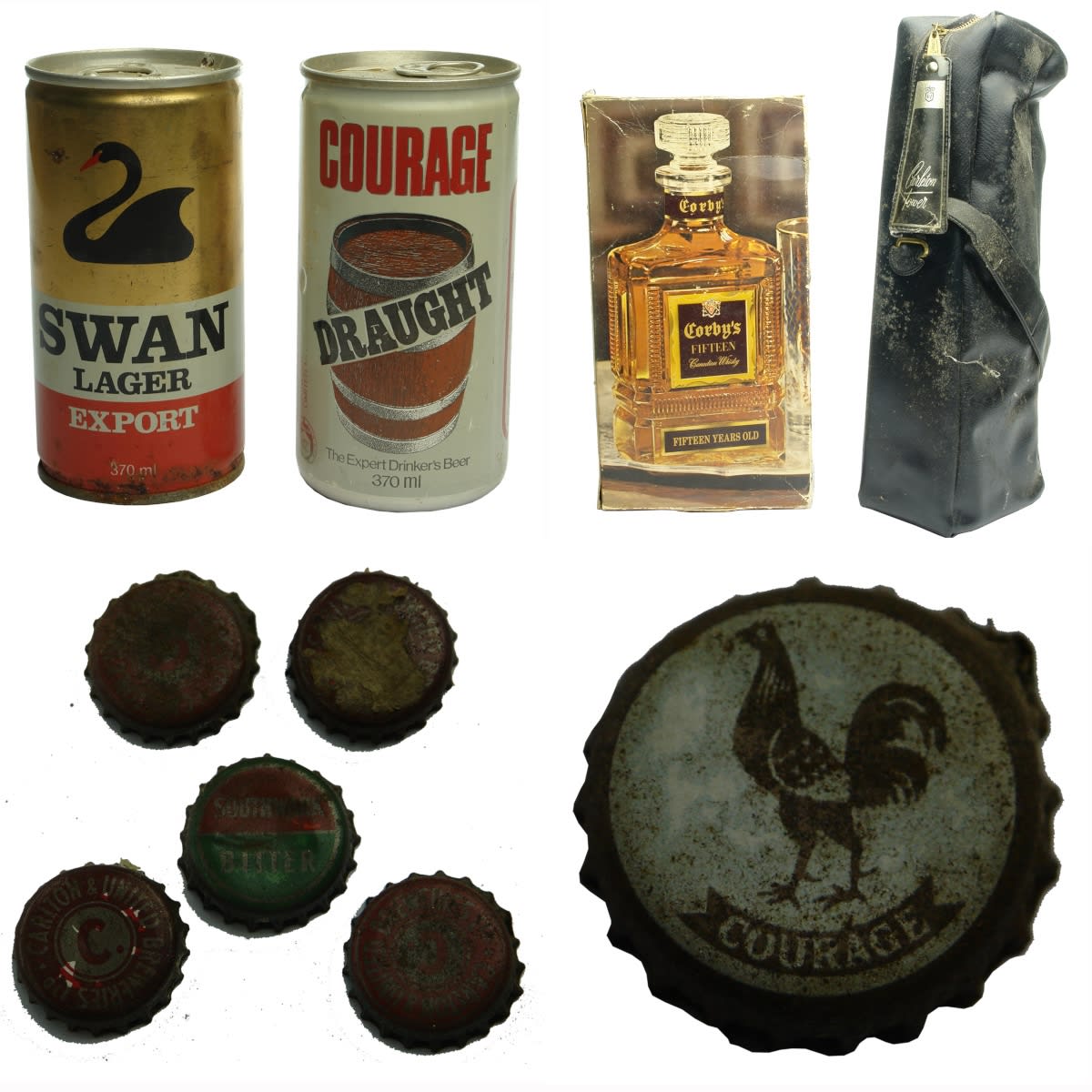 Beer & Spirits Group: Swan Lager Export Tin Can; Courage Draught 1974 Americas Cup Can; Corby's Canadian Whisky; Carleton Tower Canadian Whisky; 6 Crown Seal Caps, CUB, Southwark & Courage.