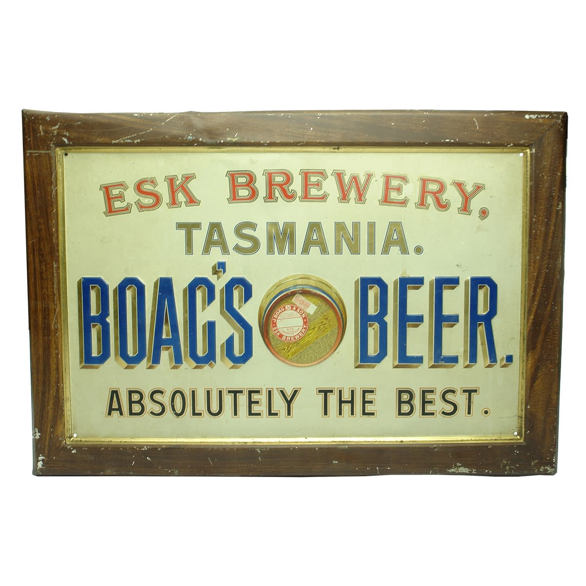 Pressed Tin Sign. Esk Brewery, Tasmania. Boag's Beer. Barrel.