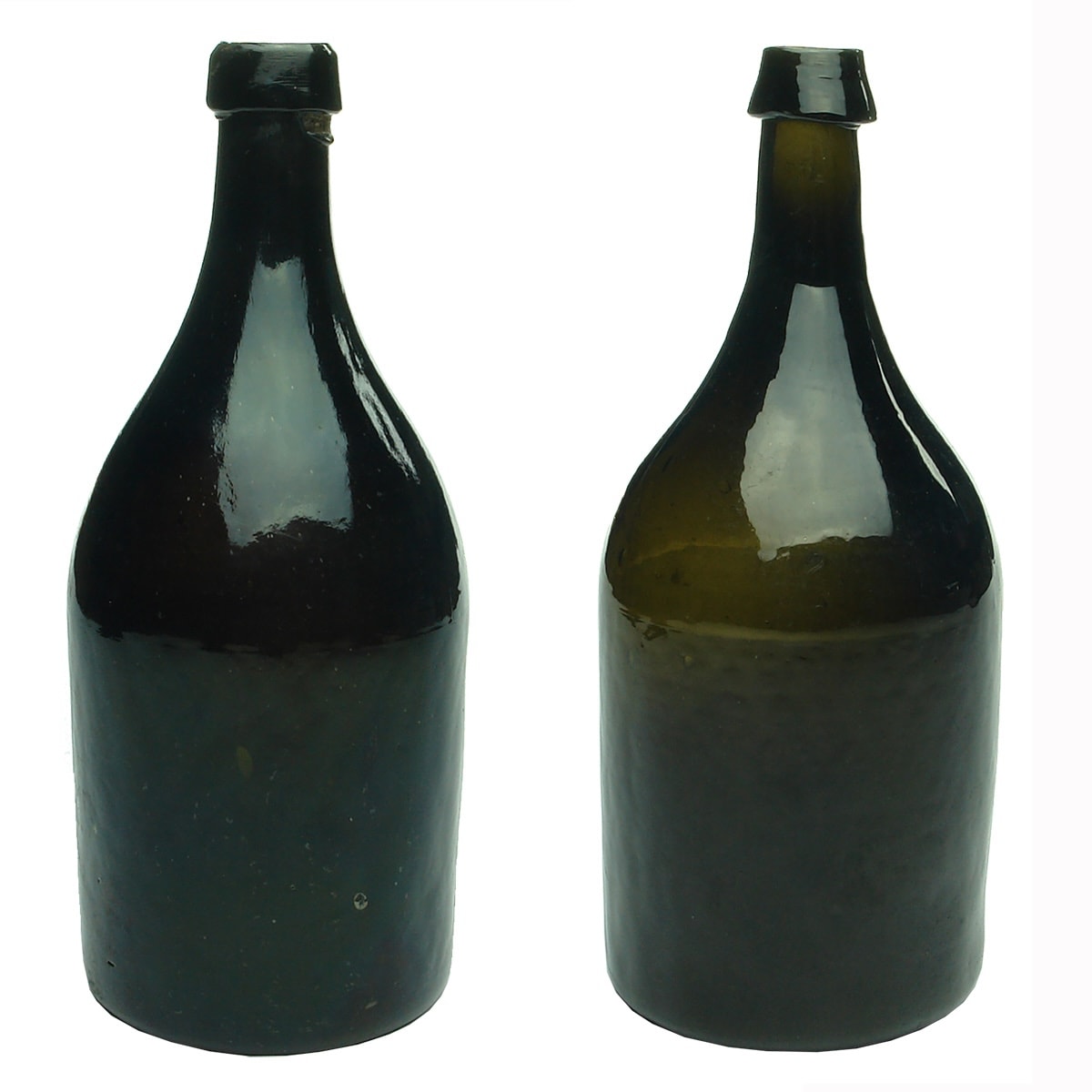 2 Black Bottles: Machen Beer shapes. One base embossed Machen & Co Liverpool Beer Merchants, other unembossed.