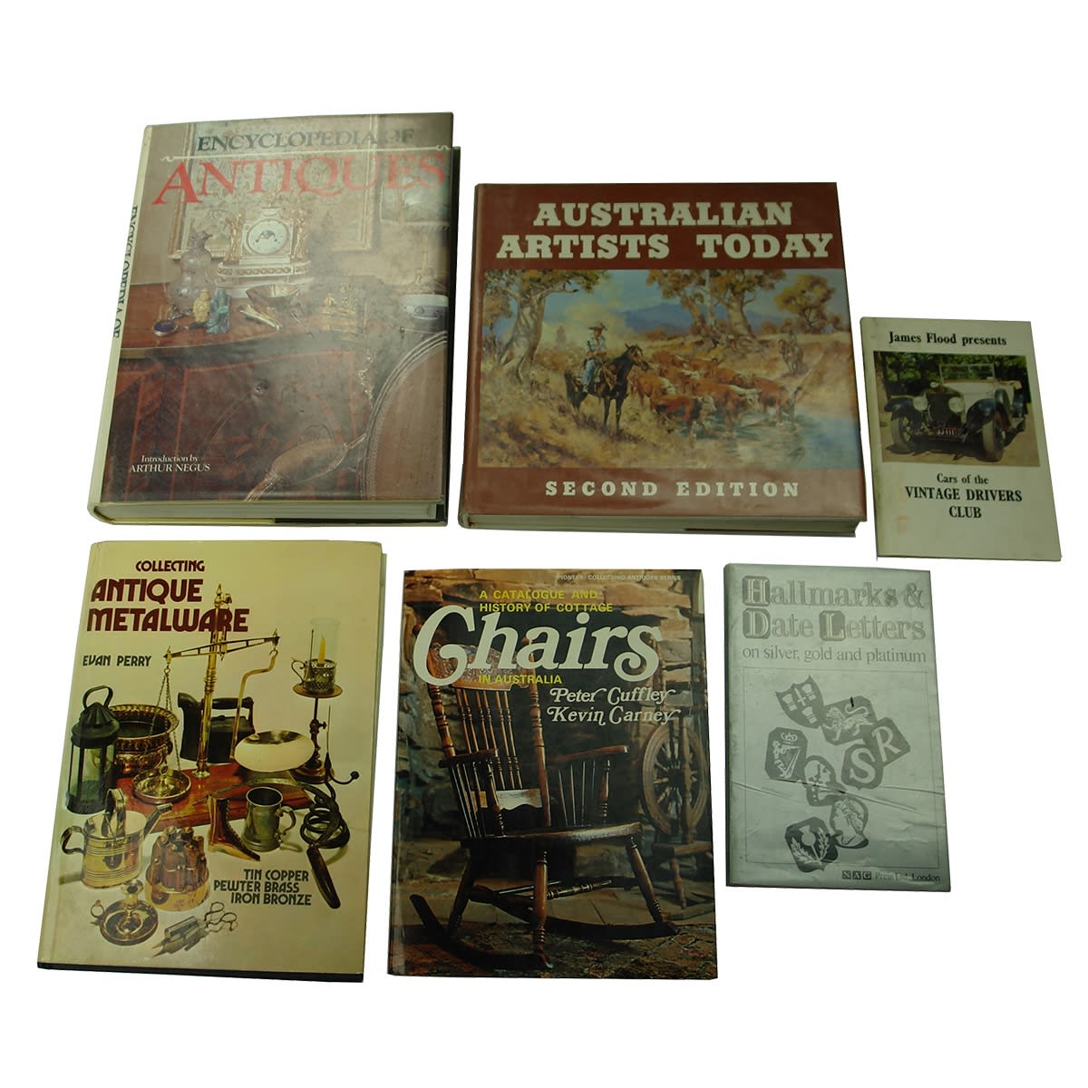 6 Collectors Books: Encyclopedia of Antiques; Australian Artists Today; Collecting Antique Metalware; Cottage Chairs in Australia; Hallmarks & Date Letters; Cars of the Vintage Drivers Club.