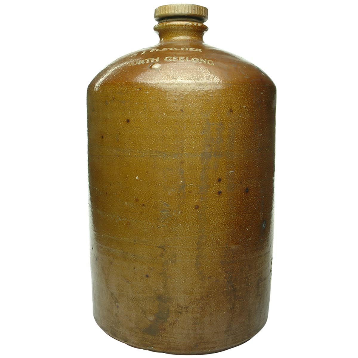 Demijohn. R. J. Fletcher, North Geelong. Salt Glazed. Internal Thread. Bendigo Pottery. 2 Gallon. (Victoria)