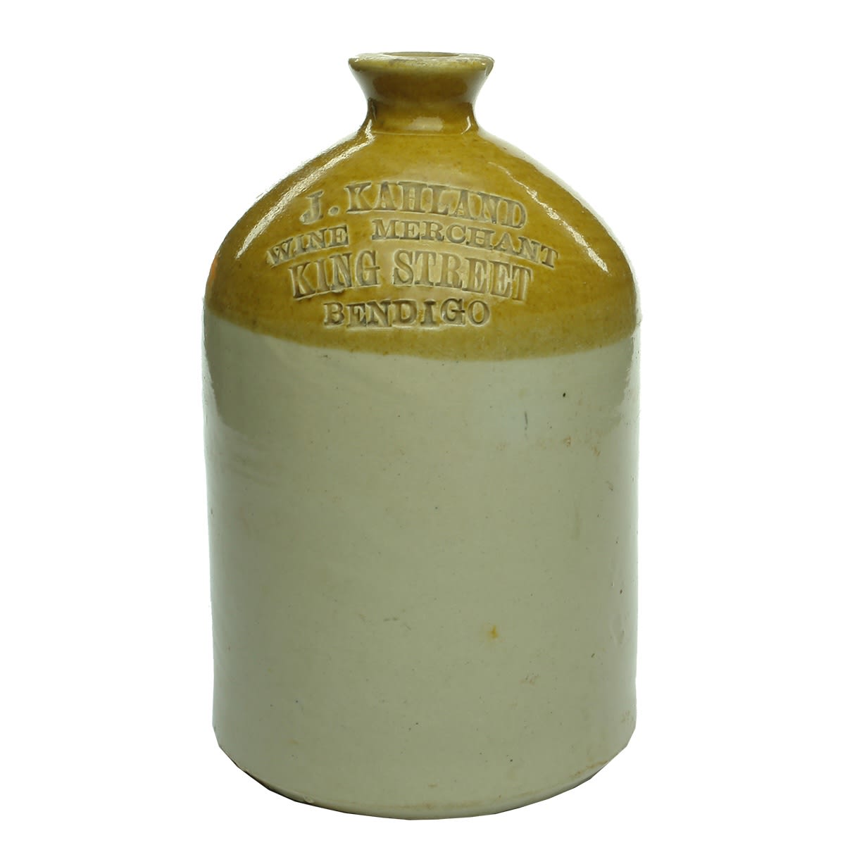 Demijohn. J. Kahland, Wine Merchant, King Street, Bendigo. Half Gallon. (Victoria)