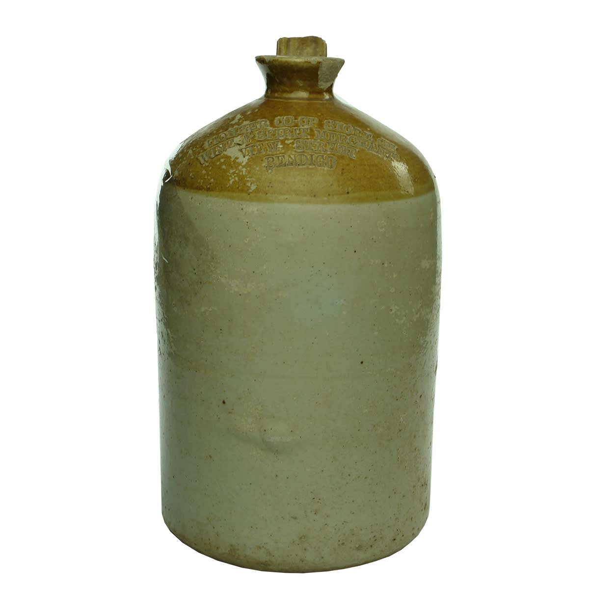 Demijohn. The Pioneer Co-op Store Coy., Wine & Spirit Merchants, View Street, Bendigo. Gallon. (Victoria)