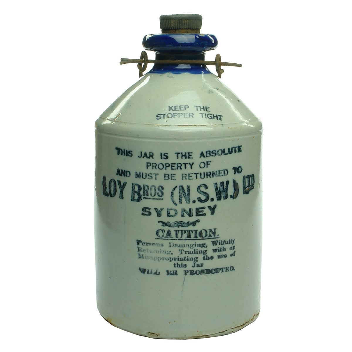 Demijohn. Loy Bros (N. S. W.) Ltd, Sydney. Blue Lip. Half Gallon. Thicker Print. With wire handle. (New South Wales)