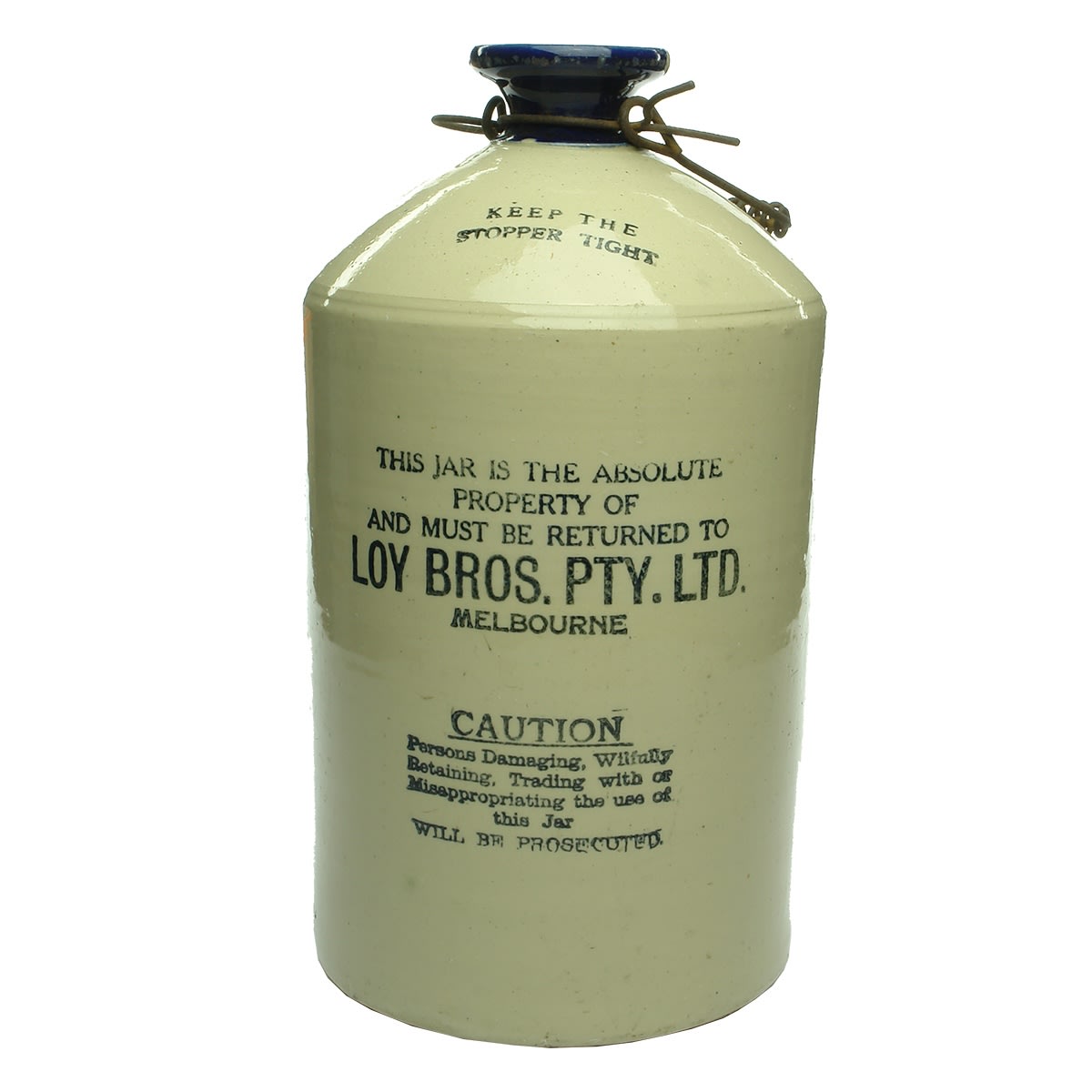 Demijohn. Loy Bros. Pty. Ltd., Melbourne. Blue Lip. Printed. 1 Gallon. (Victoria)
