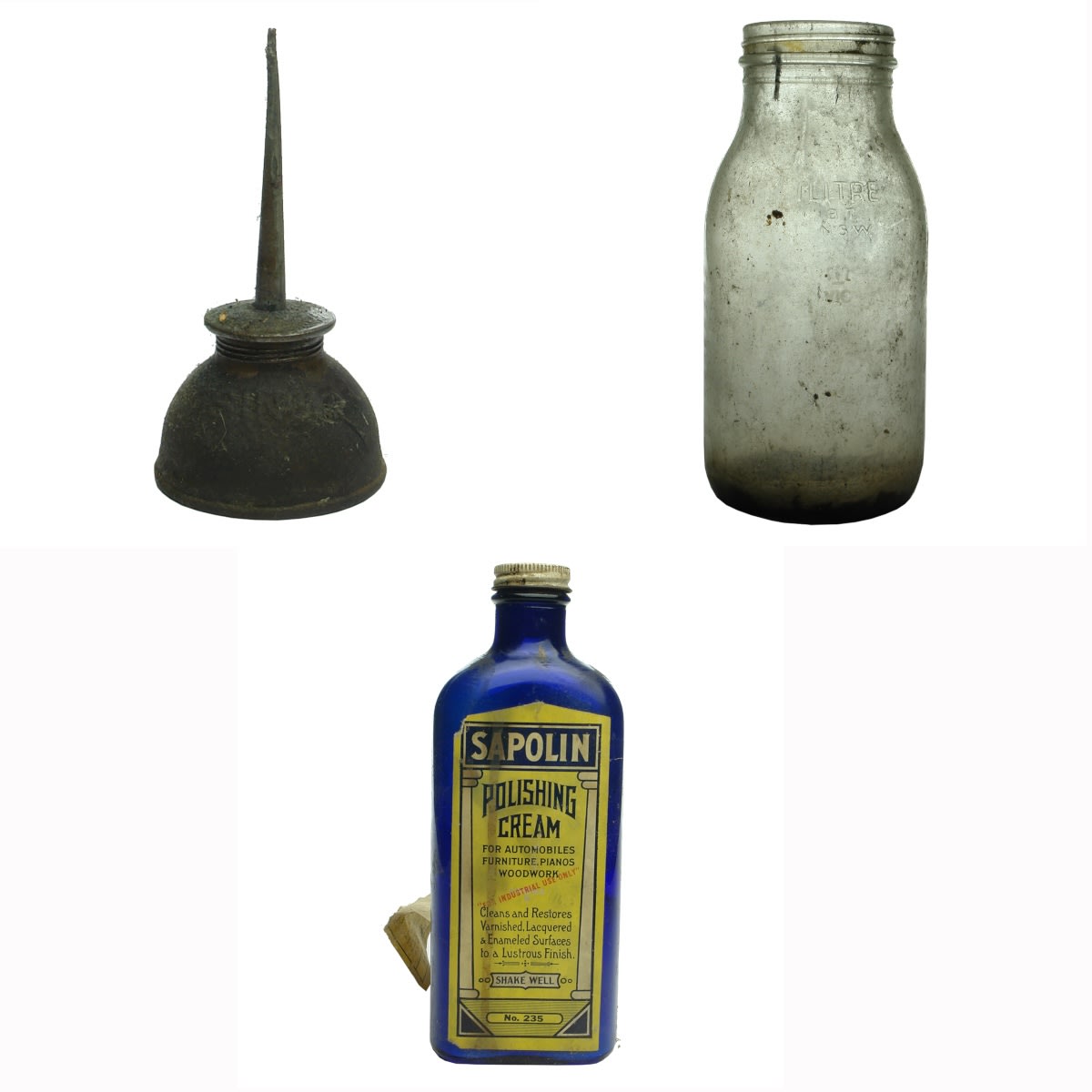 3 Garagenalia items: Singer Oil Bottle; NSW Oil Bottle; Sapolin Polishing Cream for Automobiles etc.