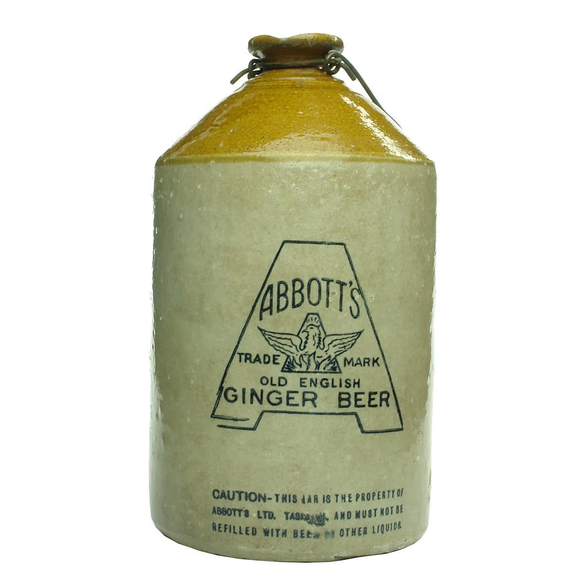 Demijohn. Abbott's Tasmania. Phoenix. Ginger Beer. Internal Thread. Tan Top. Gallon. Bendigo Pottery. (Tasmania)