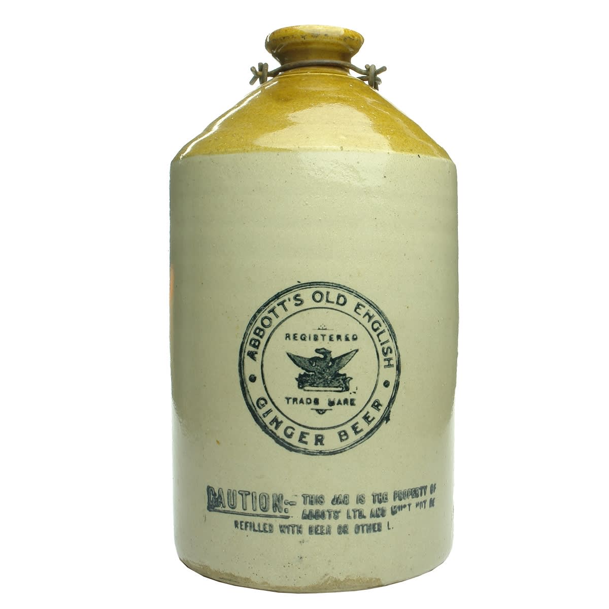 Demijohn. Abbott's Old English Ginger Beer. Tan Top. 1 Gallon. (Tasmania)