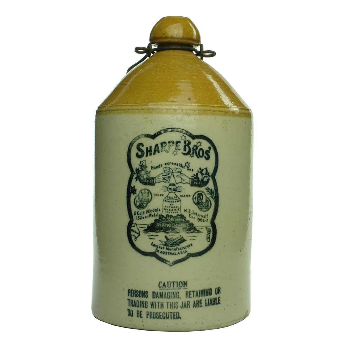 Demijohn. Sharpe Bros, Hands Across The Sea, Large pictorial. Internal Thread. Tan Top. 1 Gallon.