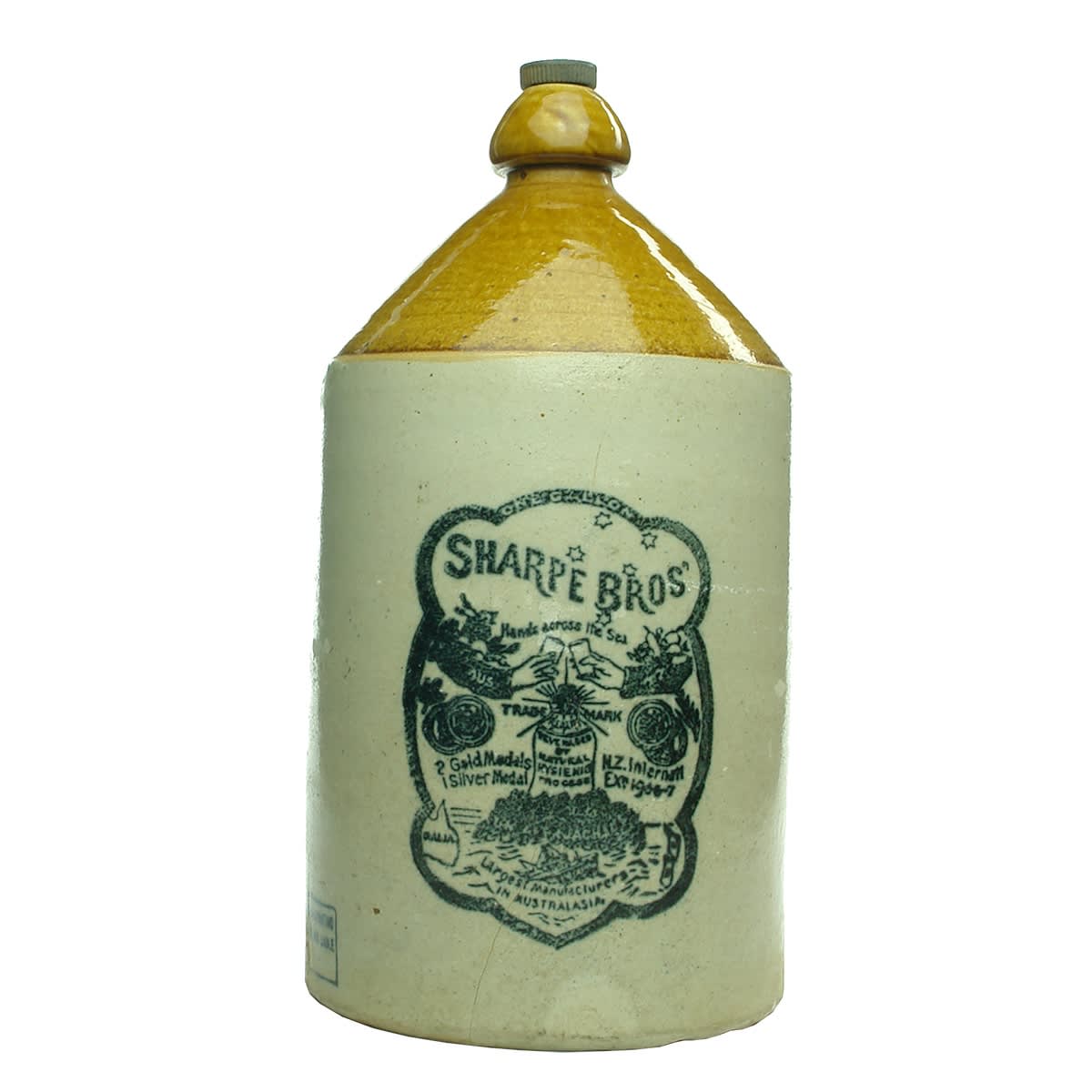 Demijohn. Sharpe Bros, Hands Across The Sea, Large pictorial. Internal Thread. Tan Top. 1 Gallon.