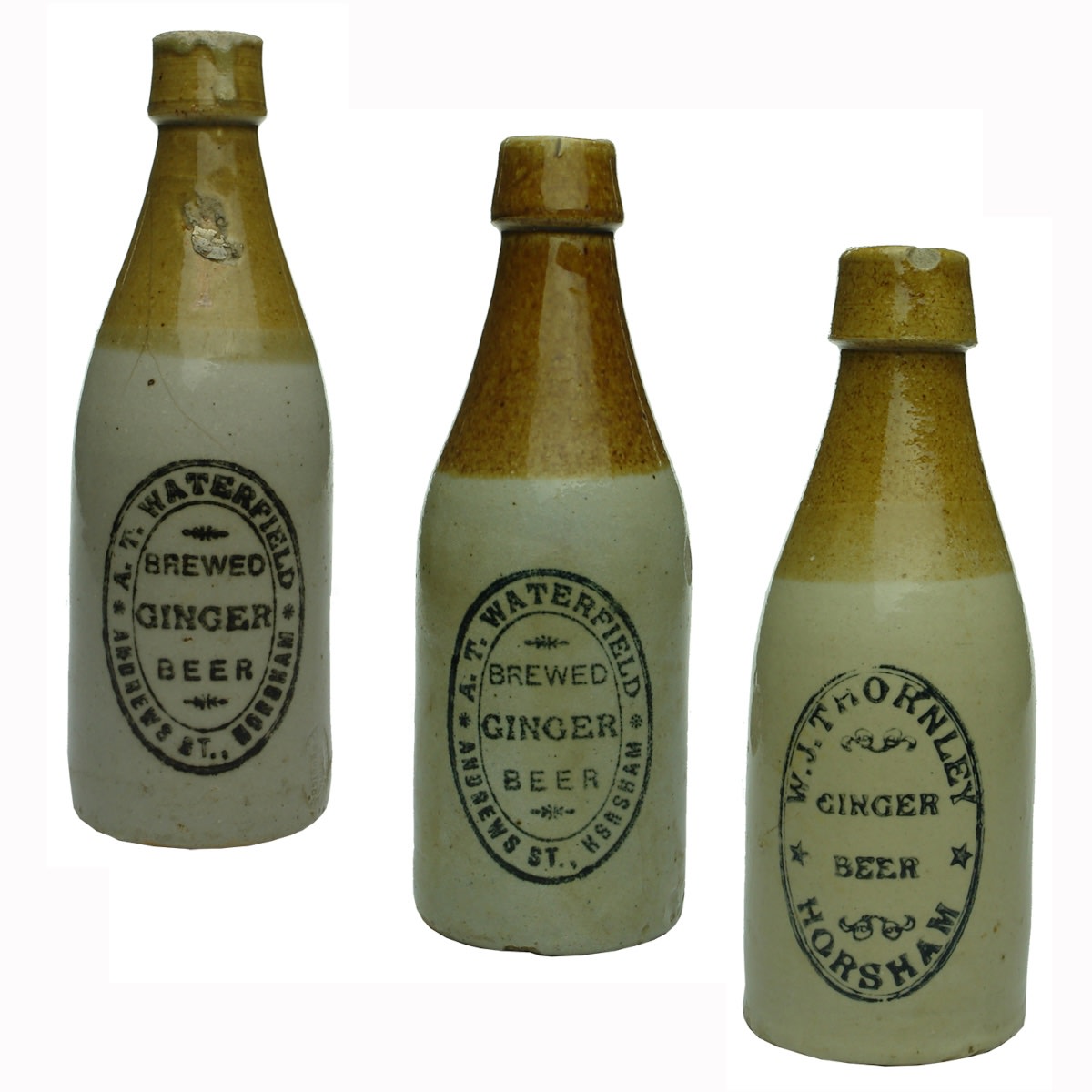 3 Horsham Ginger Beers: 2 differently glazed A. T. Waterfield, Andrews St; W. J. Thornley. (Victoria)
