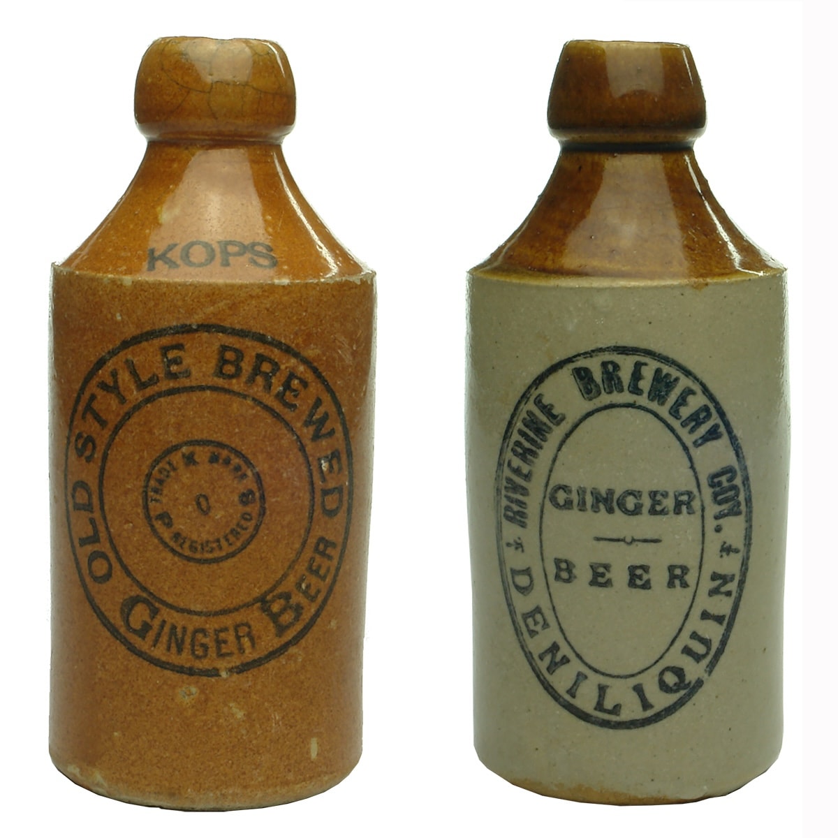 2 Ginger Beers: KOPS Old Style Brewed Ginger Beer; Riverine Brewery Coy, Deniliquin. (New South Wales)