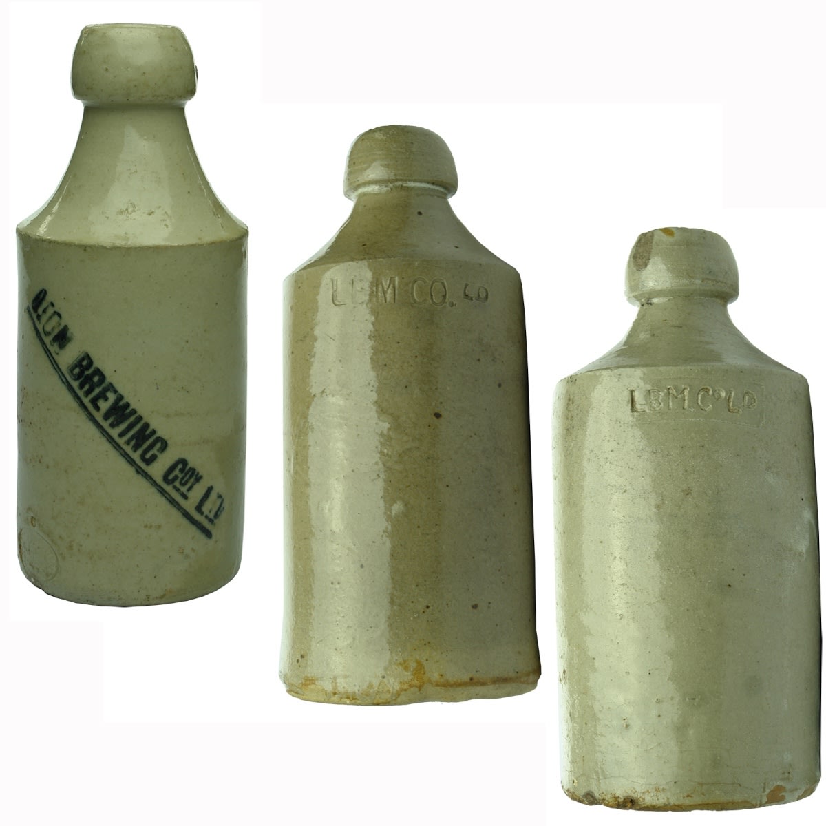 3 Ginger Beers: Lion Brewing Coy Ltd in diagonal print; 2 x LBM Co Ld impressed in large & small stamps. Lion Brewing & Malting Co Ltd North Adelaide. (South Australia)