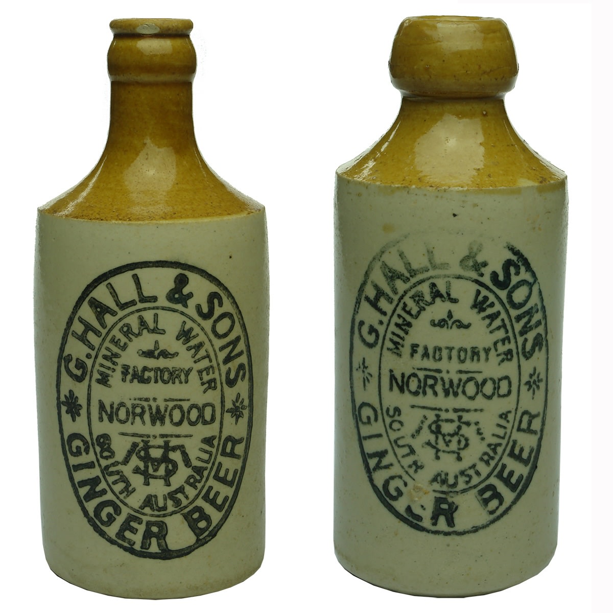2 Ginger Beers: Both G. Hall & Sons Norwood. Crown Seal & Blob Top. (South Australia)