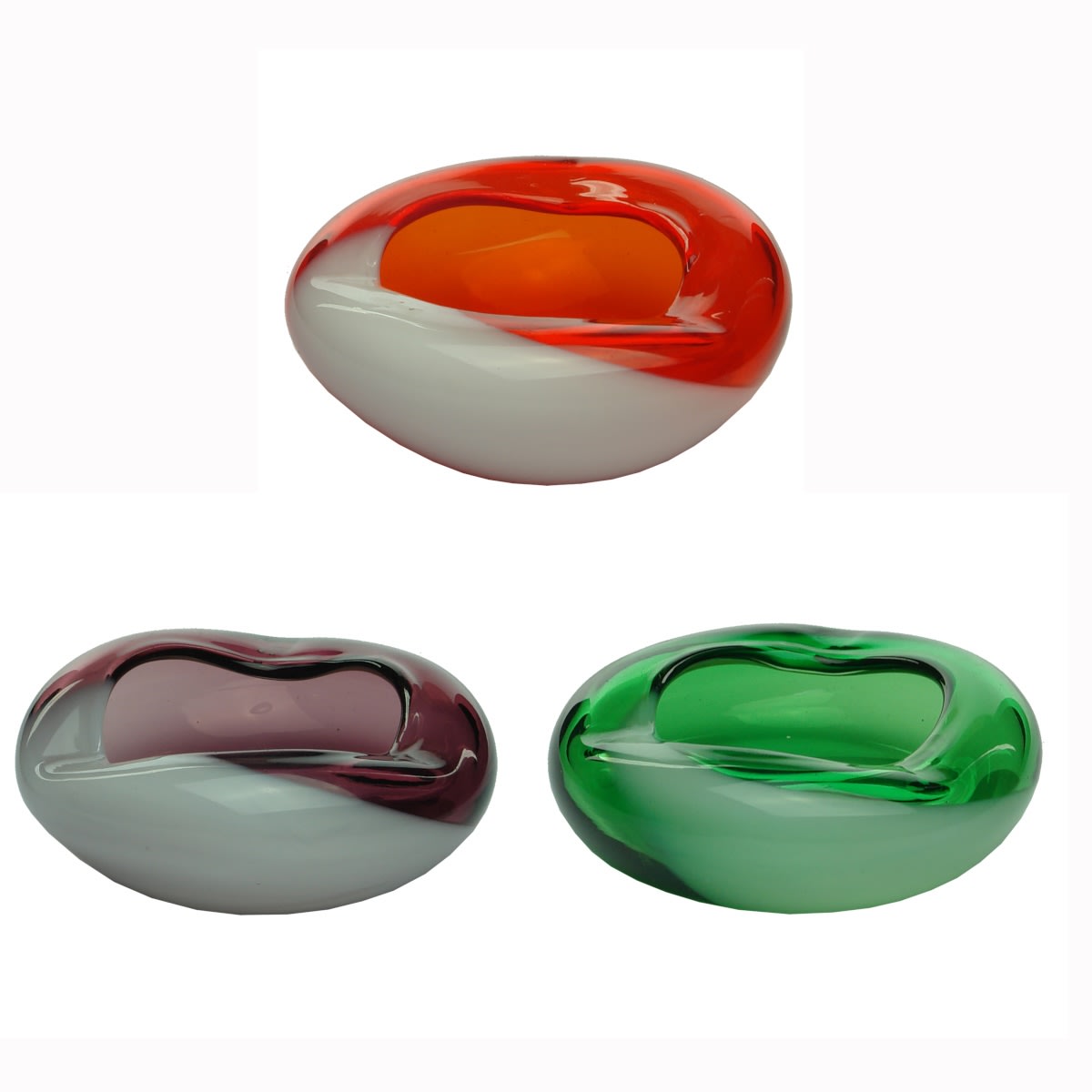 3 Ashtrays. Small glass types in Red, Purple & Green with large white milk glass swirls.