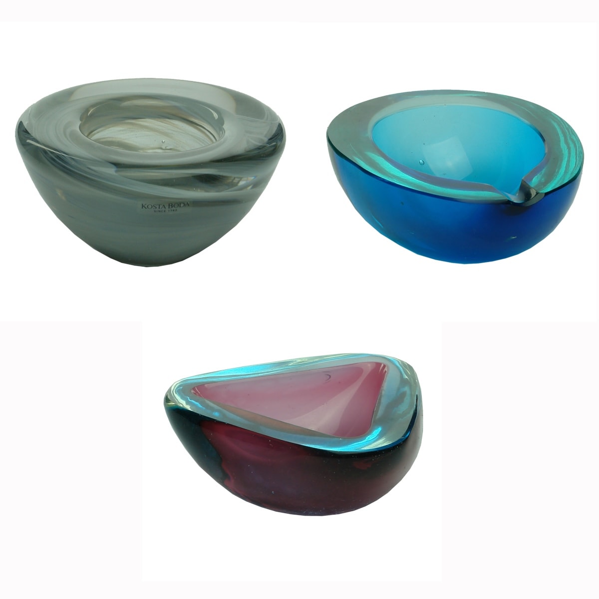 3 Ashtrays/Bowls. Heavy glass. Grey with white swirls; Blue with lustre; Red & Blue with lustre.