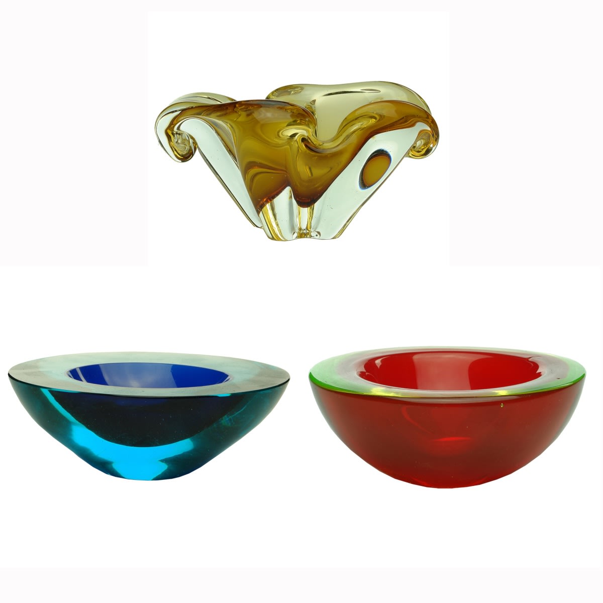 3 Very heavy glass Ashtrays/Bowls. Fancy shaped in Amber; Blue & Aqua; Red & Yellow.