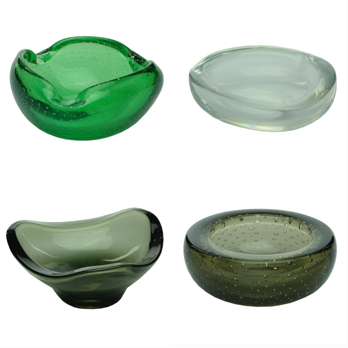 4 Ashtrays/Small glass bowls. Bright Green, Clear with lustre effect; 2 Smoky dark coloured ones, one with bubbles.