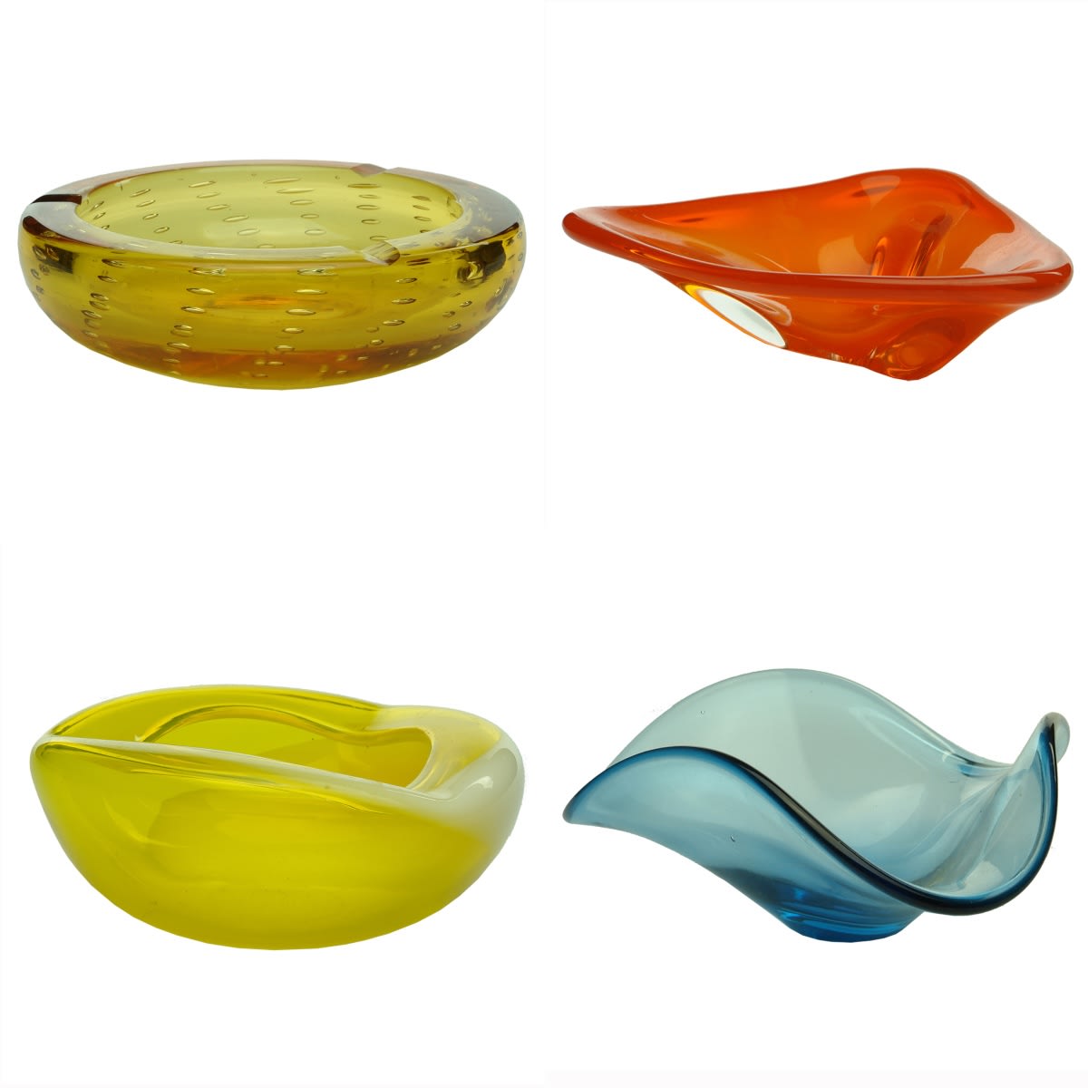 4 Glass Ashtrays/Bowls: Yellow Amber with bubbles; Orange; Yellow with white milk glass swirls; Pale Blue.